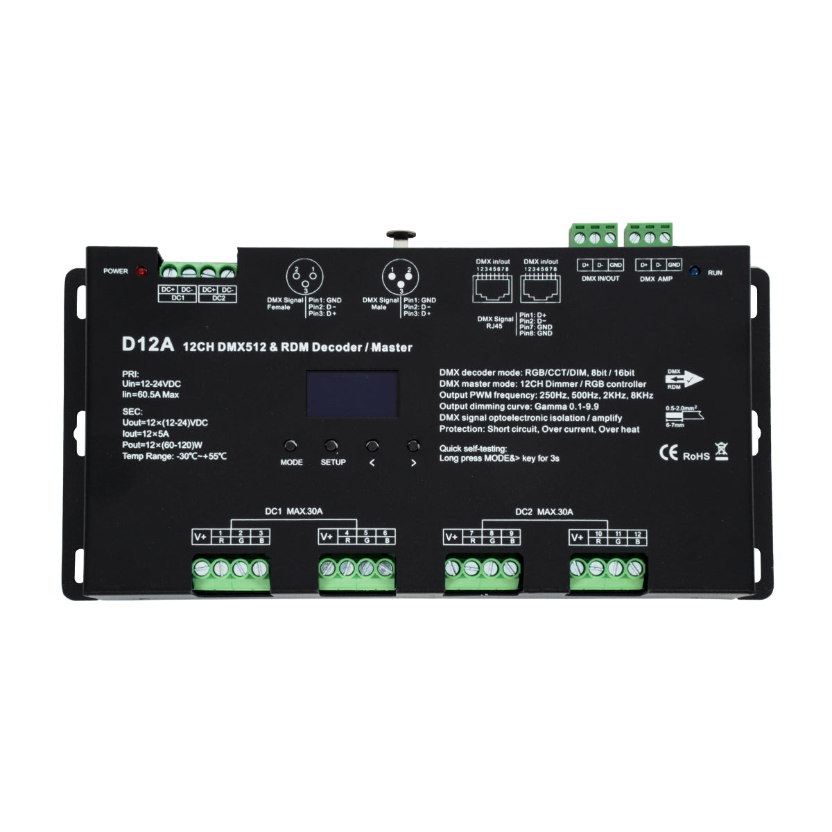 GloboStar® 71451 D12A SKYDANCE DC DMX & RDM Dimmer High Speed Controller / Decoder / Master 12 Καναλιών DC 12-24V 12 x 5A 120W - Max 60.5A 1440W - IP20 Μ25 x Π11.5 x Υ4cm - 5 Years Warranty - ledmania.gr