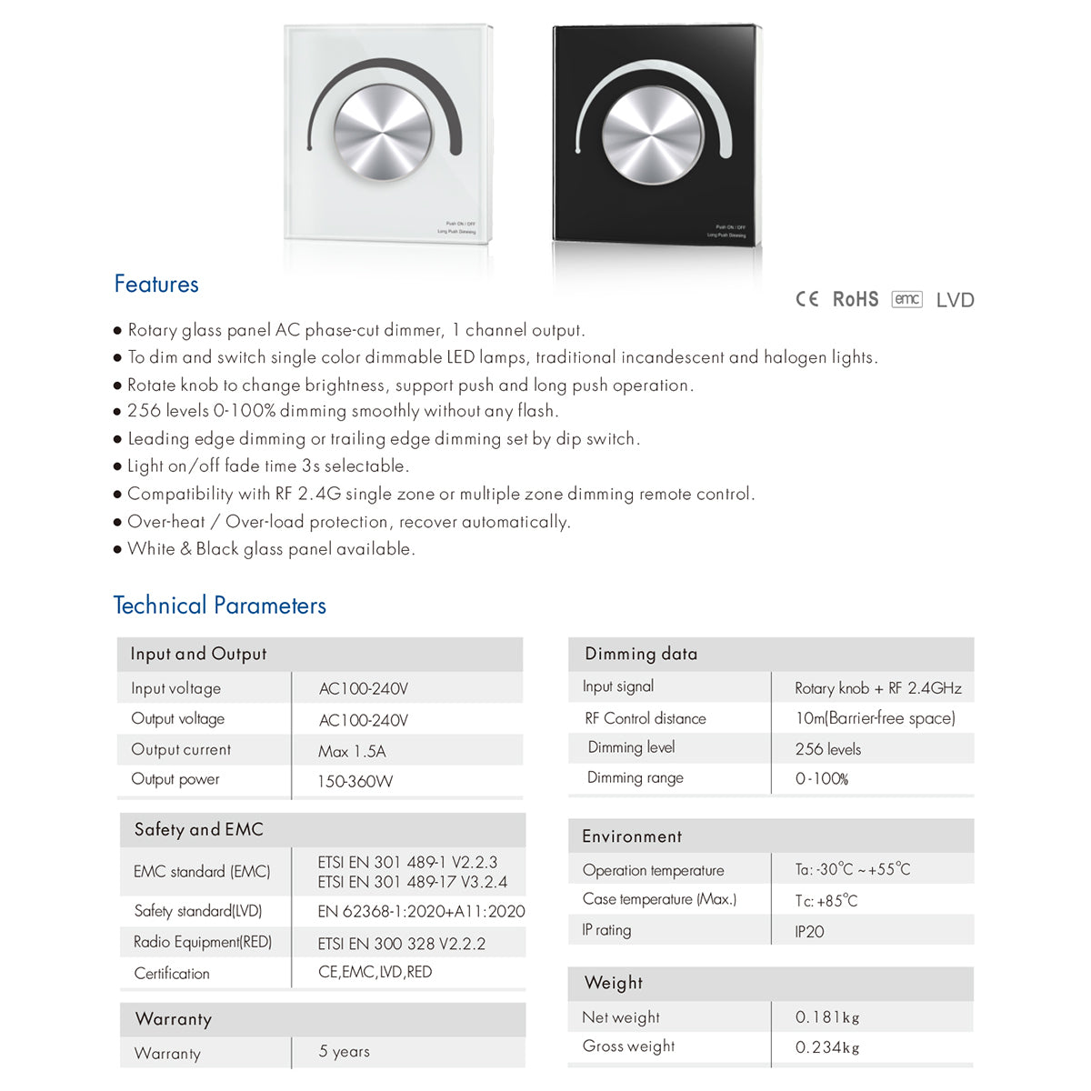 GloboStar® 71454 S1-K SKYDANCE AC Smart RF 2.4Ghz & Ροοστάτη - Push ON/OFF Triac Dimming AC100-240V σε AC100-240V 1 x 1.5A 360W - Max 1.5A 360W - IP20 - Λευκό Σώμα - Μ8.5 x Π8.5 x Υ5cm - 5 Years Warranty - ledmania.gr
