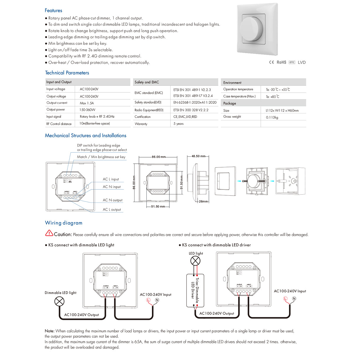 GloboStar® 71456 S1-K SKYDANCE AC Smart RF 2.4Ghz & Ροοστάτη Triac Dimming AC100-240V σε AC100-240V 1 x 1.5A 360W - Max 1.5A 360W - IP20 - Λευκό Σώμα - Μ8.5 x Π8.5 x Υ5.2cm - 5 Years Warranty - ledmania.gr