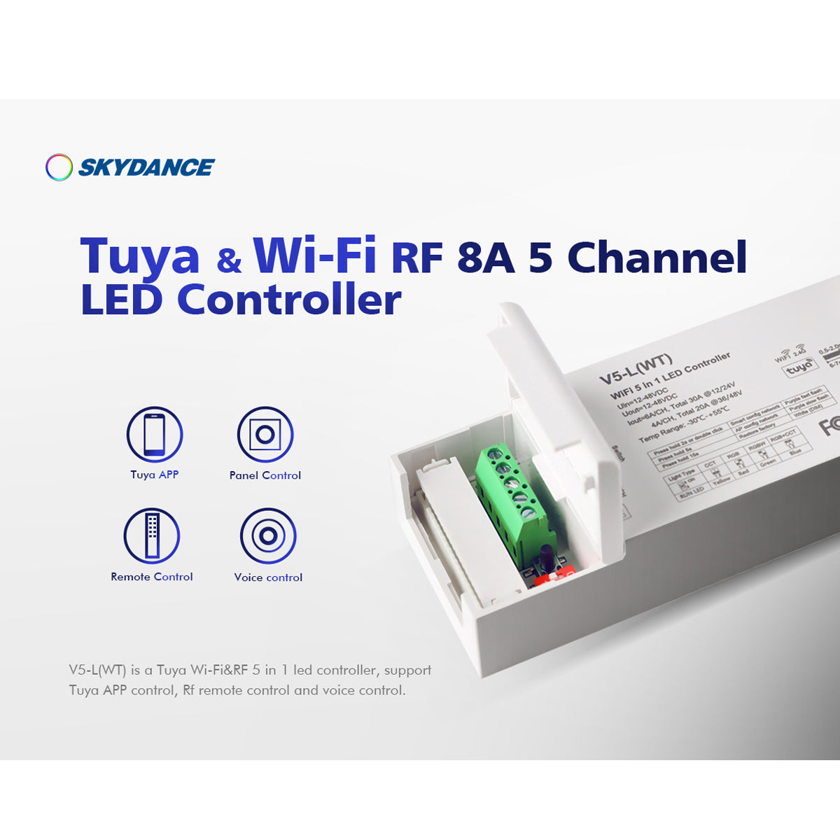 GloboStar® 71470 V5-L SKYDANCE DC WiFi & RF 2.4Ghz Dimmer High Speed Controller 5 Καναλιών DC 12-48V 5 x 6A 288W - Max 30A 1440W - IP20 Μ18 x Π5.7 x Υ2.8cm - 5 Years Warranty - ledmania.gr