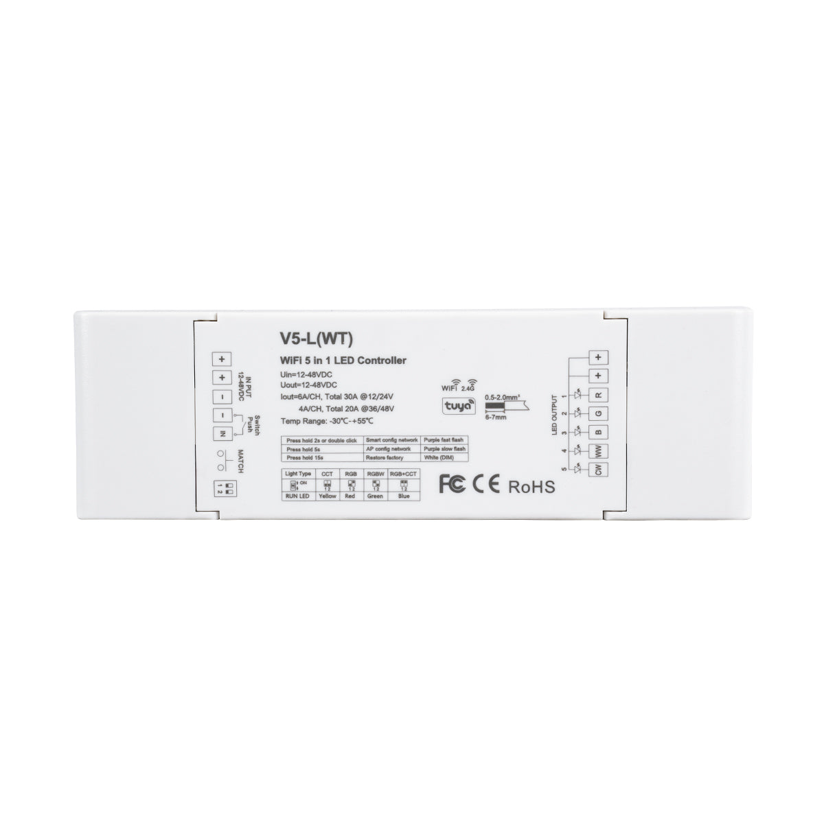 GloboStar® 71470 V5-L SKYDANCE DC WiFi & RF 2.4Ghz Dimmer High Speed Controller 5 Καναλιών DC 12-48V 5 x 6A 288W - Max 30A 1440W - IP20 Μ18 x Π5.7 x Υ2.8cm - 5 Years Warranty - ledmania.gr