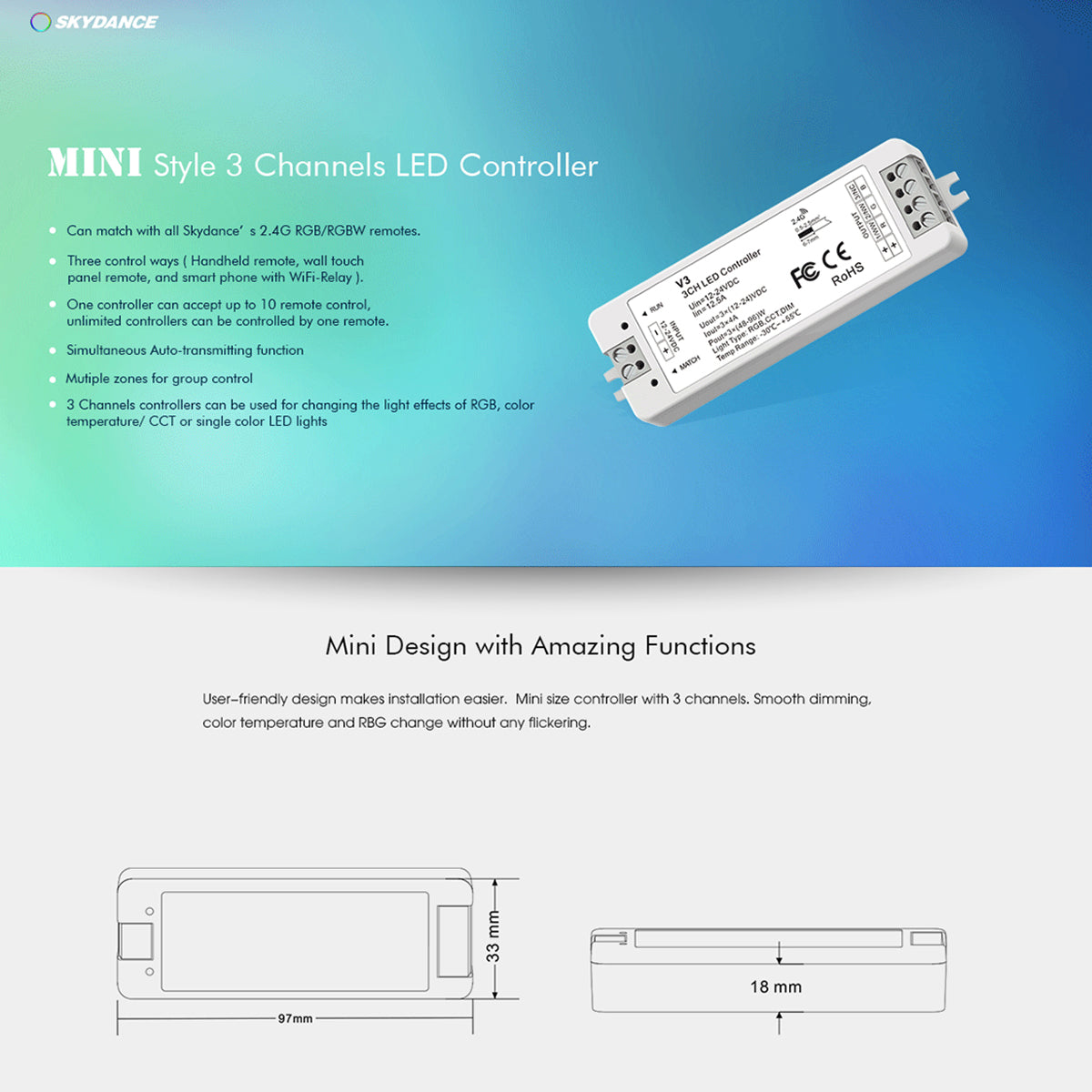 GloboStar® 71546 V3 SKYDANCE DC RF 2.4Ghz Dimmer High Speed Controller 3 Καναλιών DC 12-24V 3 x 5A 96W - Max 12A 288W - IP20 Μ10 x Π3.5 x Υ2cm - 5 Years Warranty - ledmania.gr