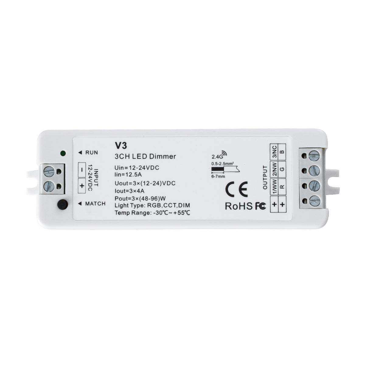 GloboStar® 71546 V3 SKYDANCE DC RF 2.4Ghz Dimmer High Speed Controller 3 Καναλιών DC 12-24V 3 x 5A 96W - Max 12A 288W - IP20 Μ10 x Π3.5 x Υ2cm - 5 Years Warranty - ledmania.gr