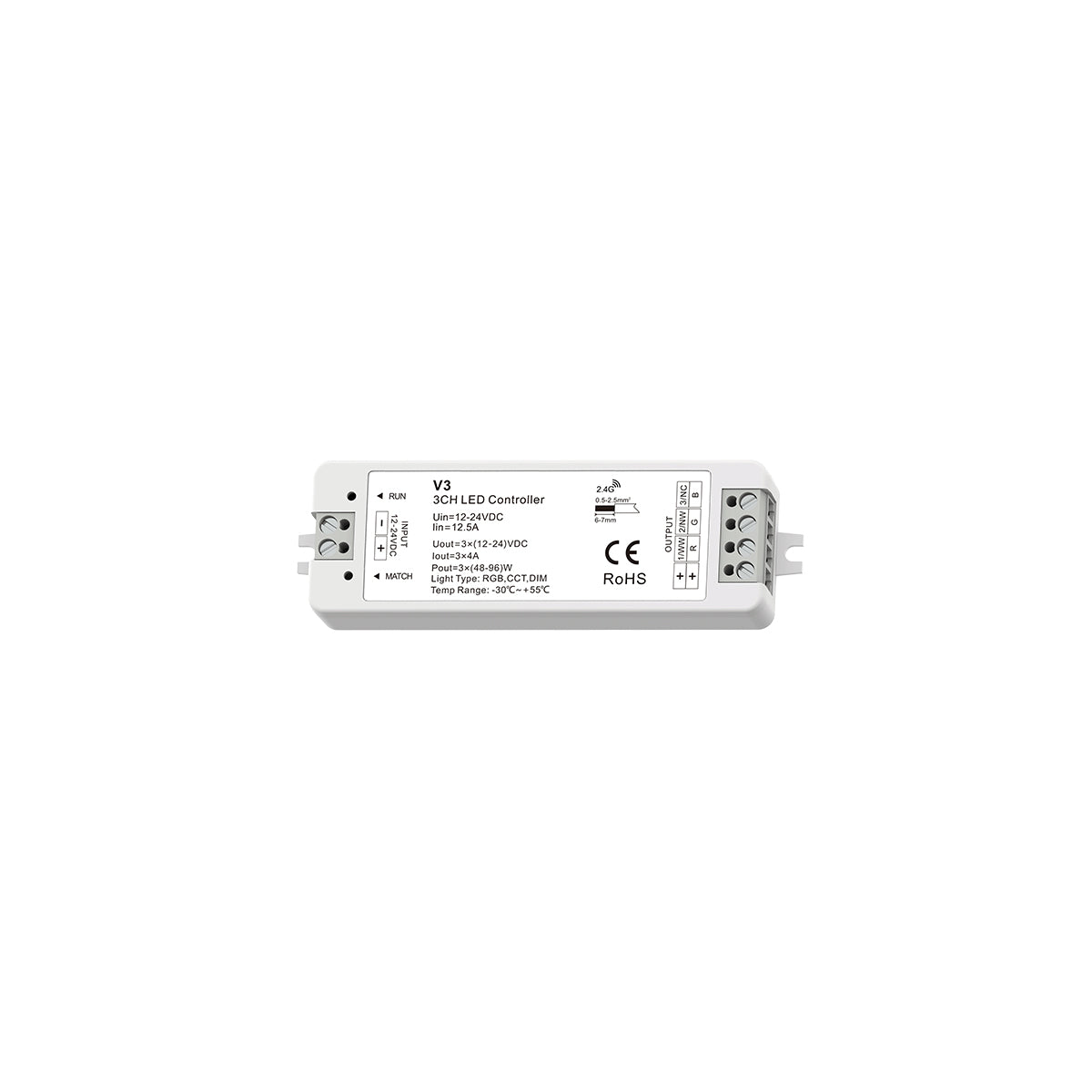GloboStar® 71546 V3 SKYDANCE DC RF 2.4Ghz Dimmer High Speed Controller 3 Καναλιών DC 12-24V 3 x 5A 96W - Max 12A 288W - IP20 Μ10 x Π3.5 x Υ2cm - 5 Years Warranty - ledmania.gr