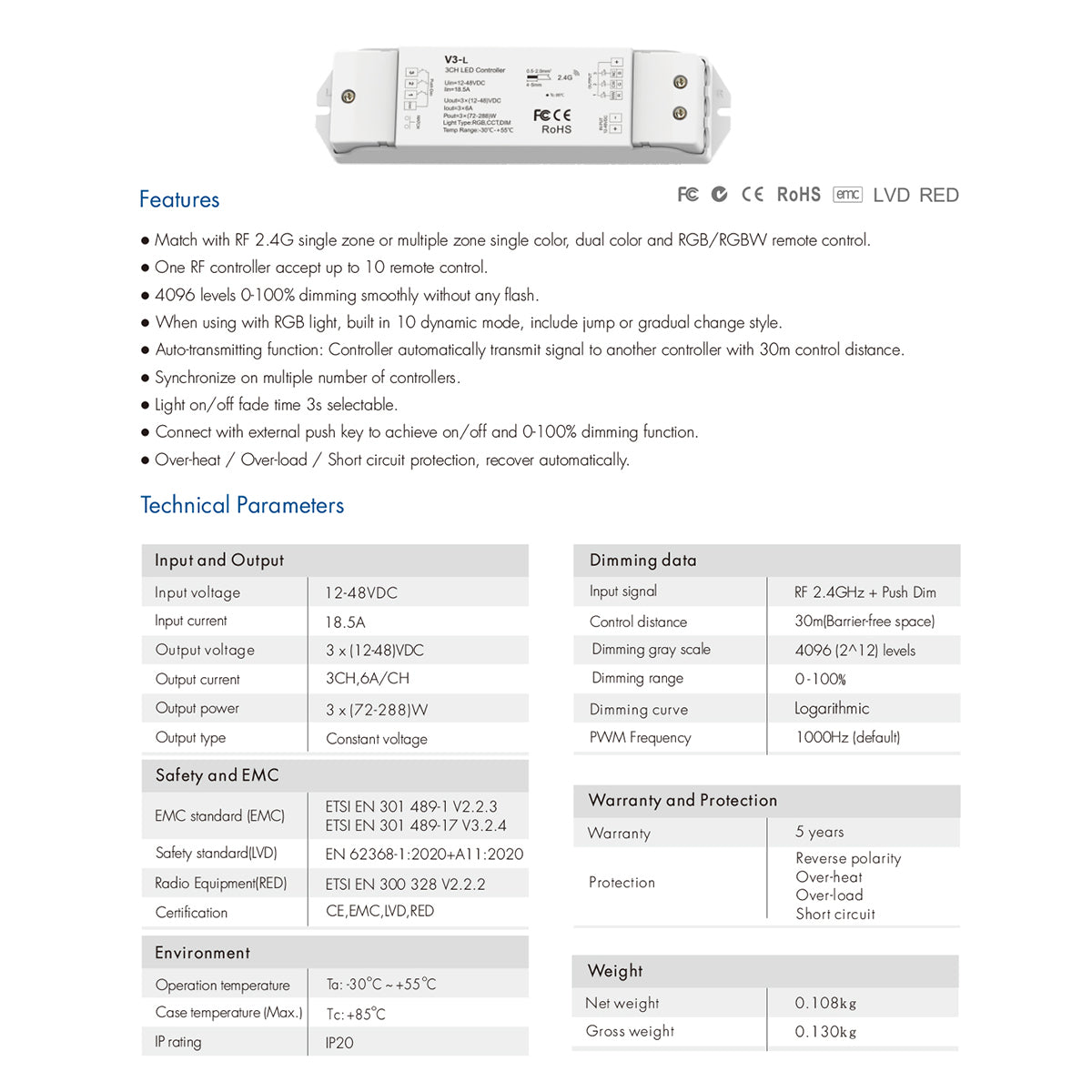 GloboStar® 71547 V3-L SKYDANCE DC RF 2.4Ghz Dimmer High Speed Controller & Push Dimming 3 Κανάλια DC 12-48V 3 x 6A 288W - Max 18.5A 288W - IP20 Μ17.5 x Π4.5 x Υ2.5cm - 5 Years Warranty - ledmania.gr