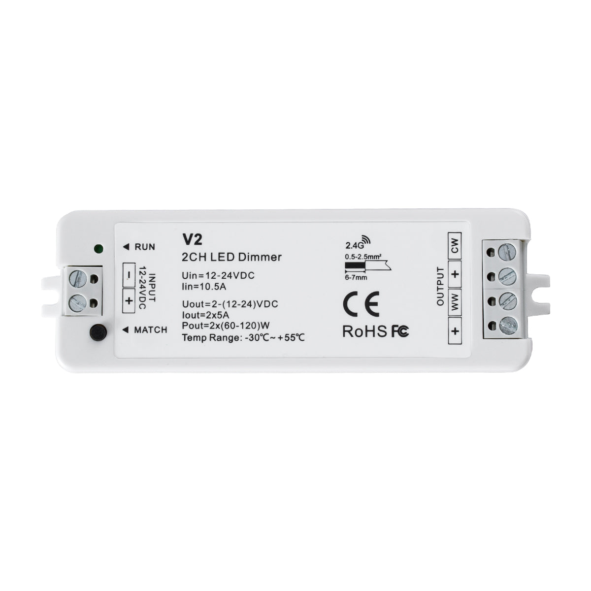 GloboStar® 71564 V2 SKYDANCE DC RF 2.4Ghz Dimmer High Speed Controller 2 Καναλιών DC 12-24V 2 x 5A 120W - Max 10.5A 252W - IP20 Μ10 x Π3.5 x Υ2cm - 5 Years Warranty - ledmania.gr