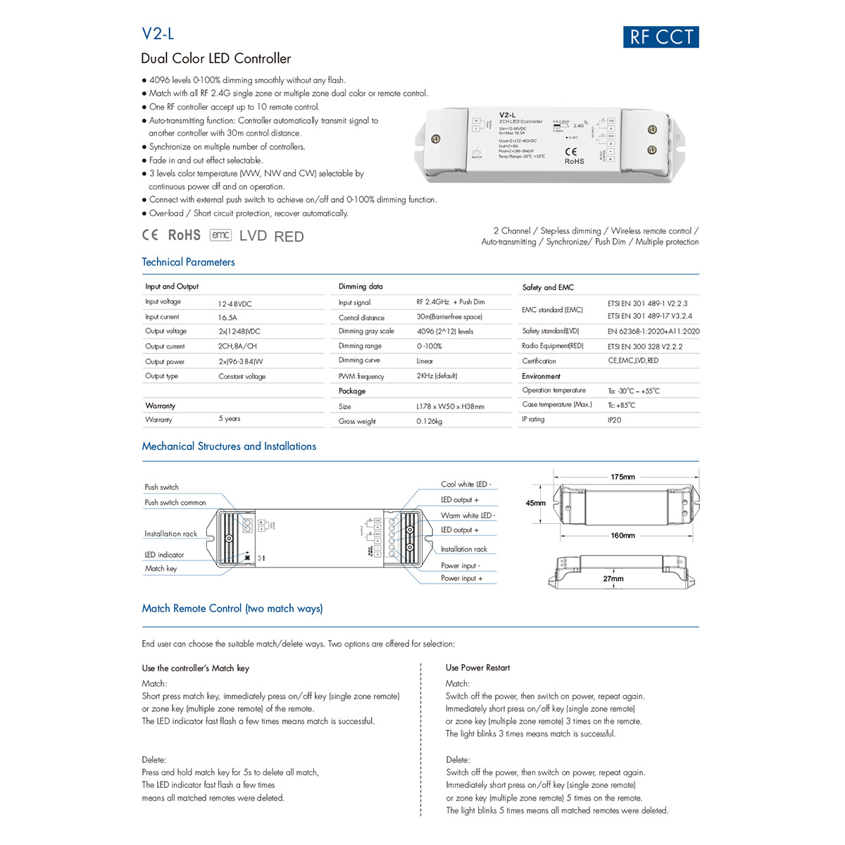 GloboStar® 71565 V2-L SKYDANCE DC RF 2.4Ghz Dimmer High Speed Controller & Push Dimming 2 Κανάλια DC 12-48V 2 x 8A 384W - Max 16.5A 384W - IP20 Μ17.5 x Π4.5 x Υ2.5cm - 5 Years Warranty - ledmania.gr