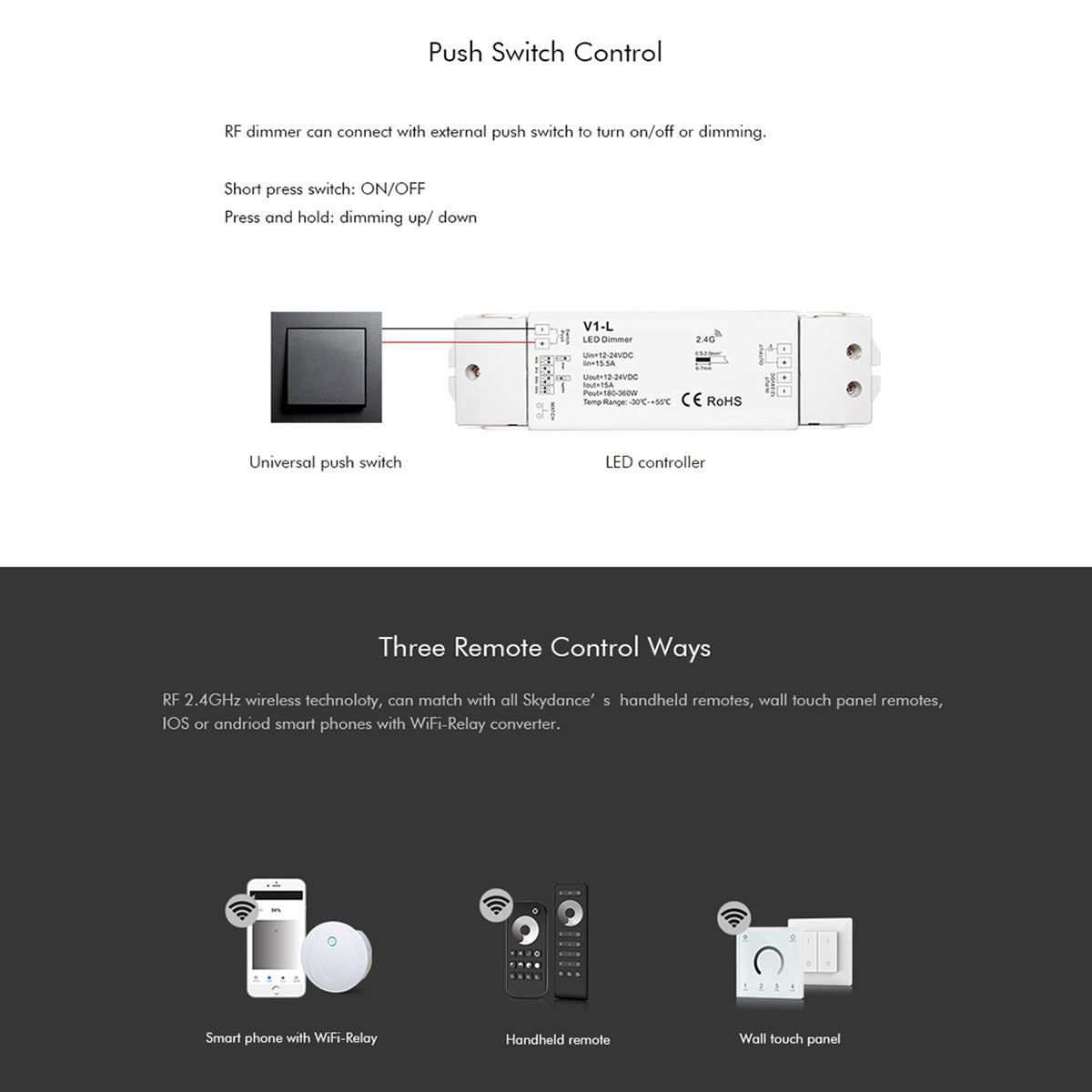 GloboStar® 71568 V1-L SKYDANCE DC RF 2.4Ghz Dimmer High Speed Controller & Push Dimming 1 Κανάλι DC 12-48V 1 x 15A 480W - Max 15A 480W - IP20 Μ17.5 x Π4.5 x Υ2.5cm - 5 Years Warranty - ledmania.gr