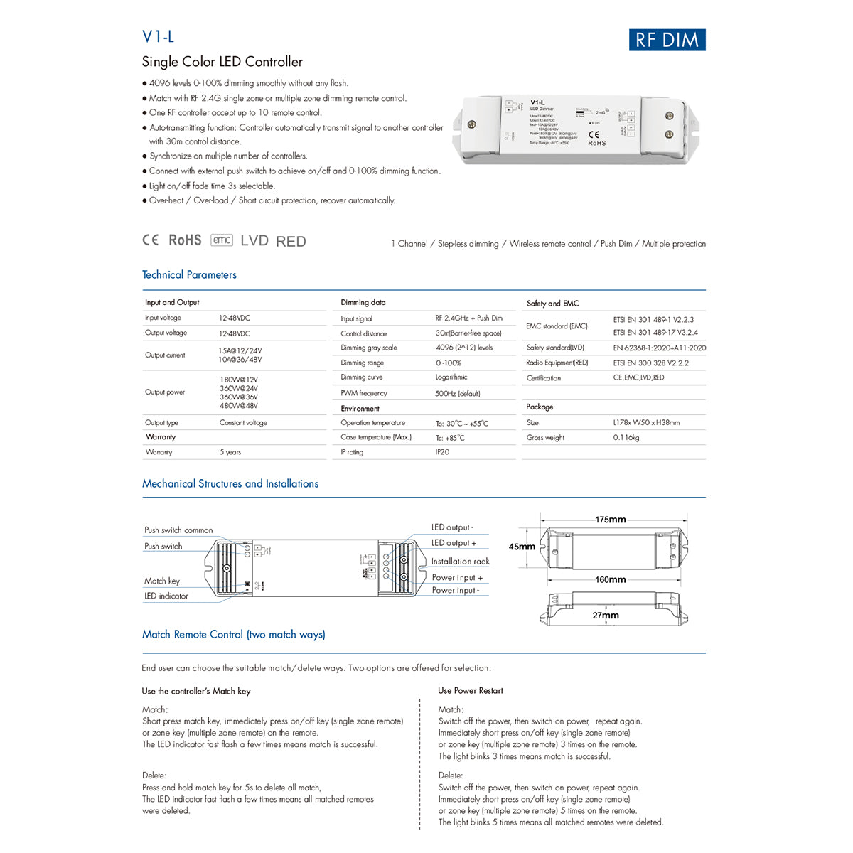 GloboStar® 71568 V1-L SKYDANCE DC RF 2.4Ghz Dimmer High Speed Controller & Push Dimming 1 Κανάλι DC 12-48V 1 x 15A 480W - Max 15A 480W - IP20 Μ17.5 x Π4.5 x Υ2.5cm - 5 Years Warranty - ledmania.gr