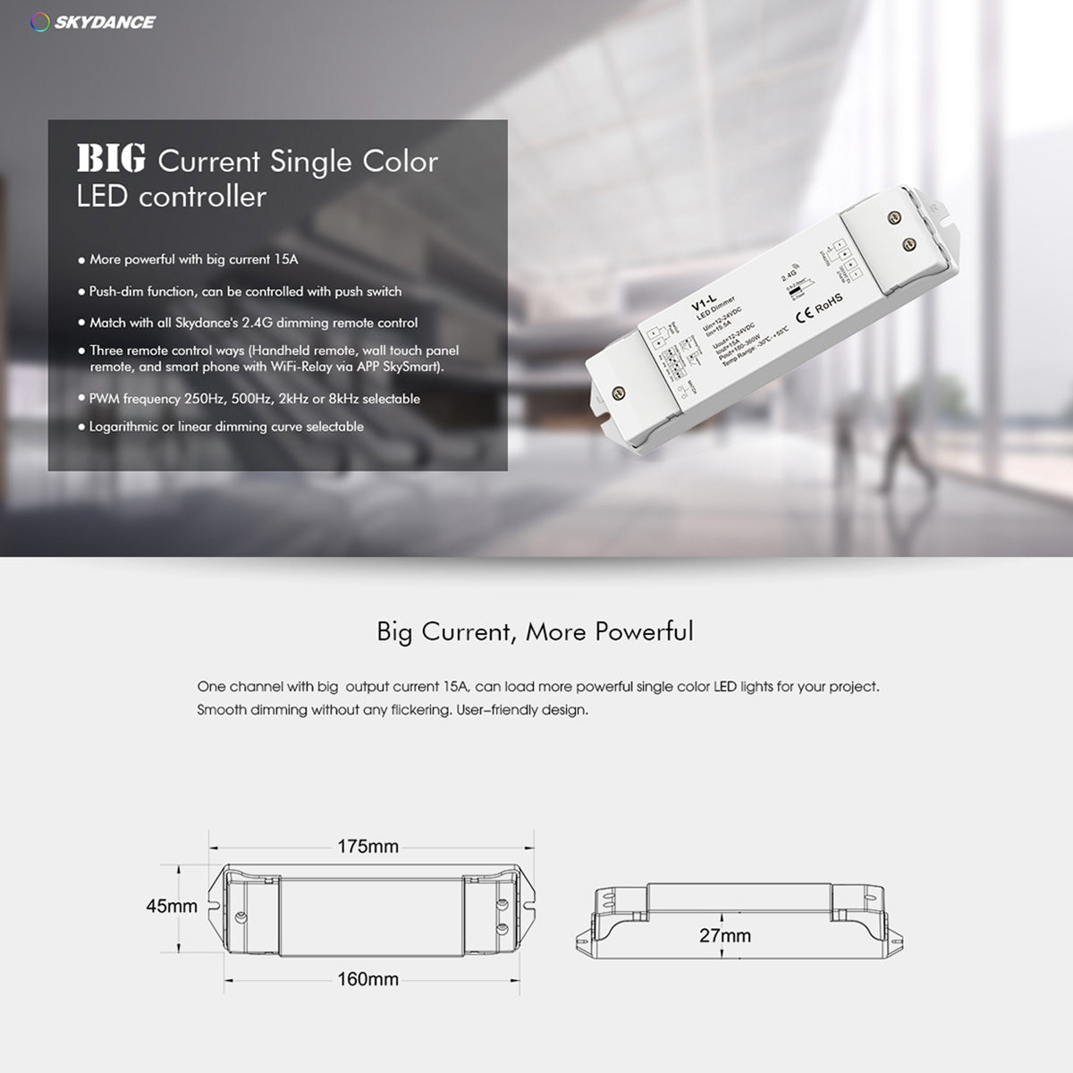 GloboStar® 71568 V1-L SKYDANCE DC RF 2.4Ghz Dimmer High Speed Controller & Push Dimming 1 Κανάλι DC 12-48V 1 x 15A 480W - Max 15A 480W - IP20 Μ17.5 x Π4.5 x Υ2.5cm - 5 Years Warranty - ledmania.gr