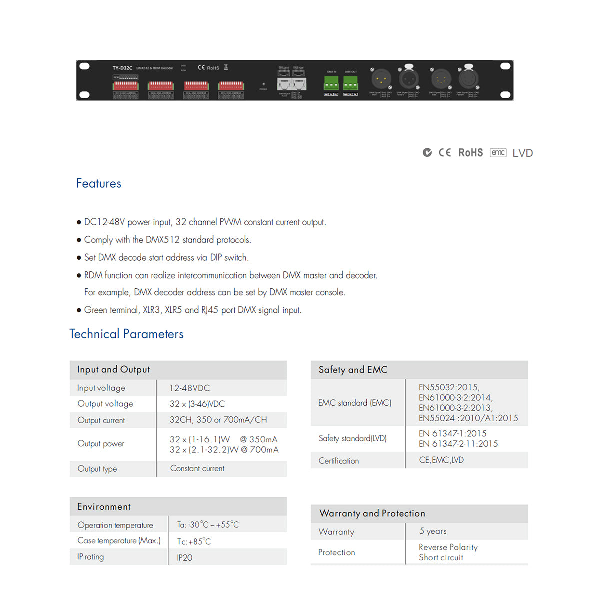 GloboStar® 71570 D32C SKYDANCE DC DMX & RDM Dimmer High Speed Controller / Constant Current Decoder 32 Καναλιών DC 12-48V 32 x 700mA 34W - Max 22.5A 1075W - IP20 Μ48 x Π26 x Υ5cm - 5 Years Warranty - ledmania.gr