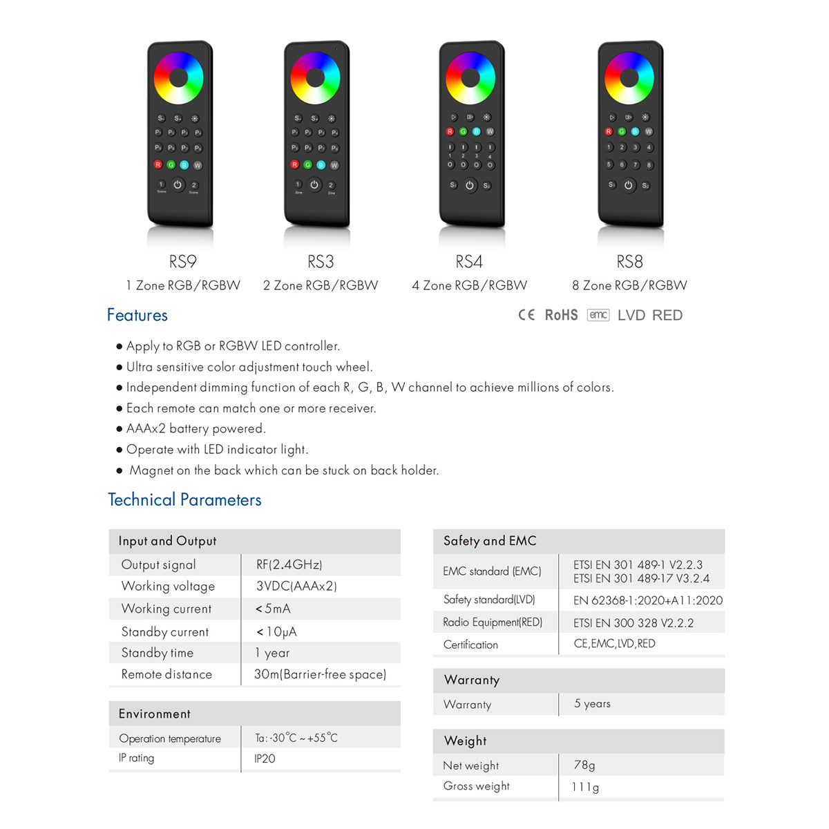 GloboStar® 71574 RS8 SKYDANCE Ασύρματο Χειριστήριο Αφής RF 2.4Ghz 8 Group για όλα τα RGB/RGBW SKYDANCE Controller DC 3V 2 x AAA - IP20 Μαύρο Μ14 x Π5 x Υ1.9cm - 5 Years Warranty - ledmania.gr