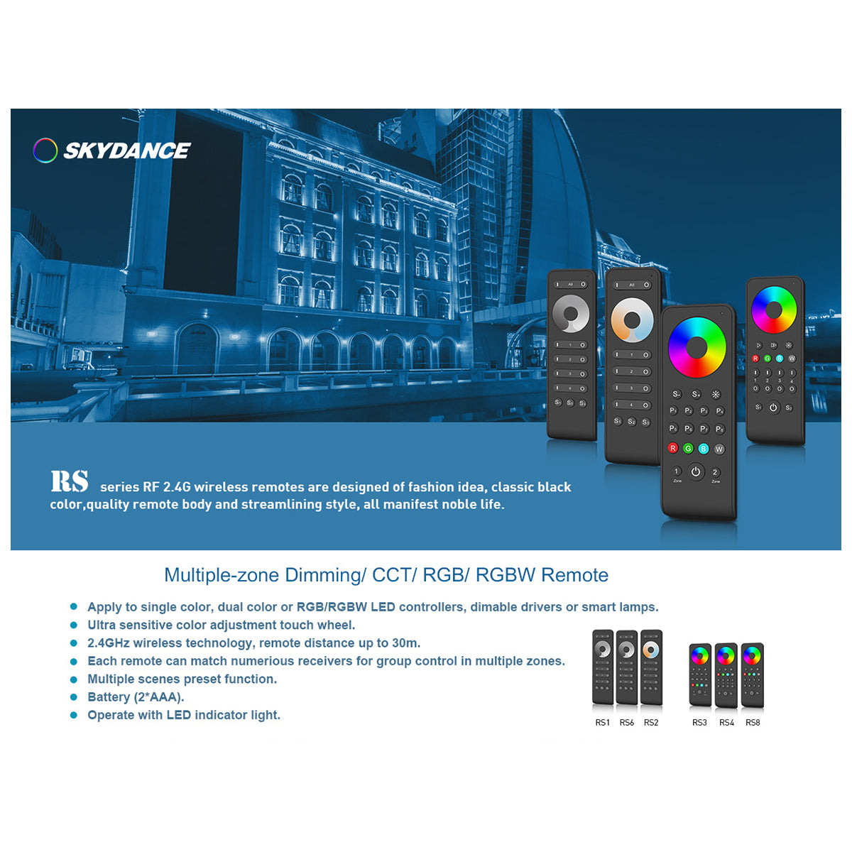 GloboStar® 71574 RS8 SKYDANCE Ασύρματο Χειριστήριο Αφής RF 2.4Ghz 8 Group για όλα τα RGB/RGBW SKYDANCE Controller DC 3V 2 x AAA - IP20 Μαύρο Μ14 x Π5 x Υ1.9cm - 5 Years Warranty - ledmania.gr