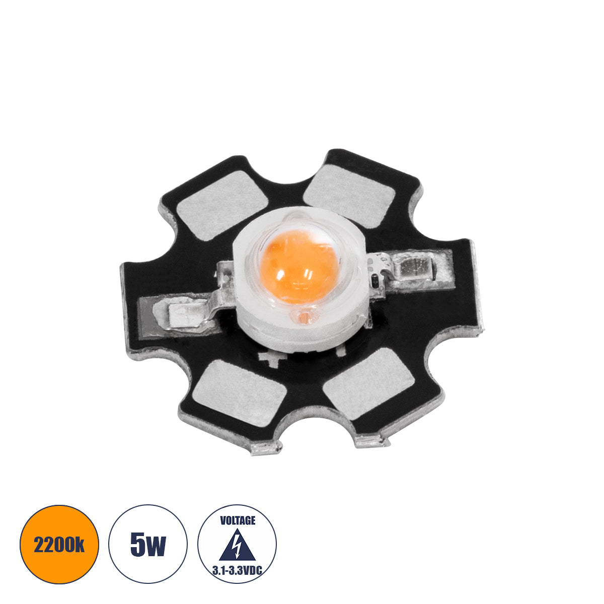 GloboStar® 73757 High Power Star LED - Υψηλής Ισχύος Star LED 5W DC 3.2V Ultra Θερμό Λευκό 2200K Φ2 x Υ0.6cm - 2 Χρόνια Εγγύηση - ledmania.gr