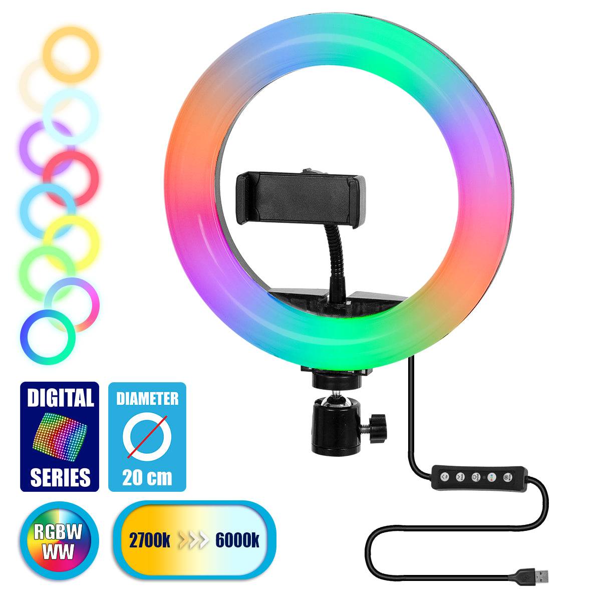 GloboStar® 75800 Professional Digital Ring Light Φ20cm LED SMD 20W 2000lm 180° DC 5V με Καλώδιο Τροφοδοσίας USB - Ενσωματωμένο Χειριστήριο Εναλλαγής Χρωμάτων & 1 Βάση Τηλεφώνου - Πολύχρωμο RGBW+WW Dimmable - ledmania.gr