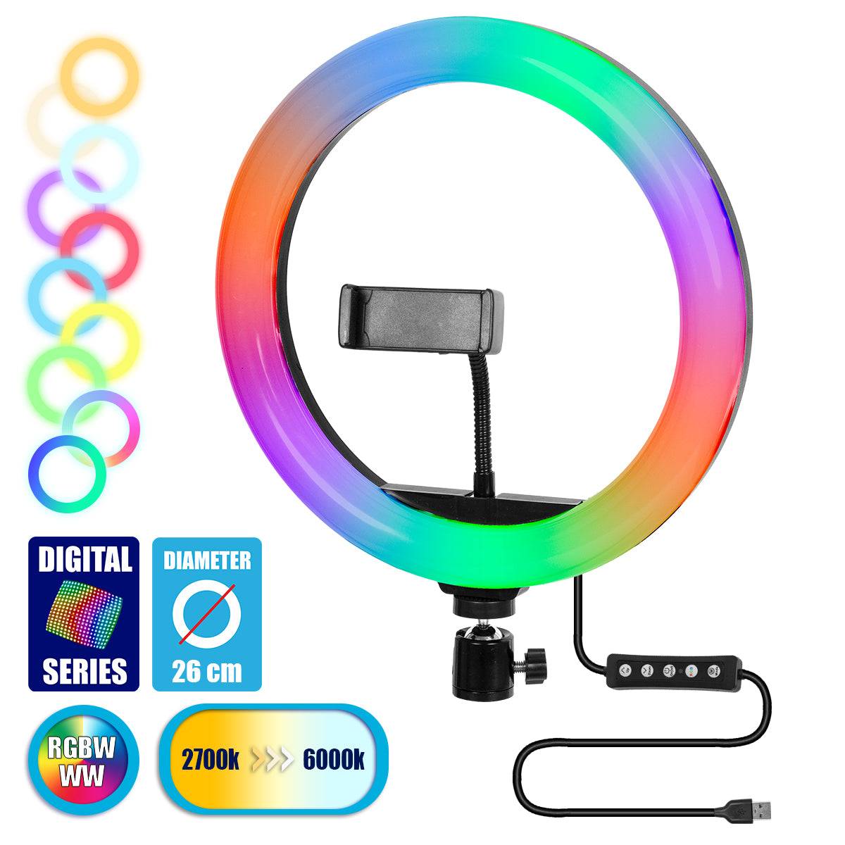 GloboStar® 75801 Professional Digital Ring Light Φ26cm LED SMD 30W 3000lm 180° DC 5V με Καλώδιο Τροφοδοσίας USB - Ενσωματωμένο Χειριστήριο Εναλλαγής Χρωμάτων & 1 Βάση Τηλεφώνου - Πολύχρωμο RGBW+WW Dimmable - ledmania.gr