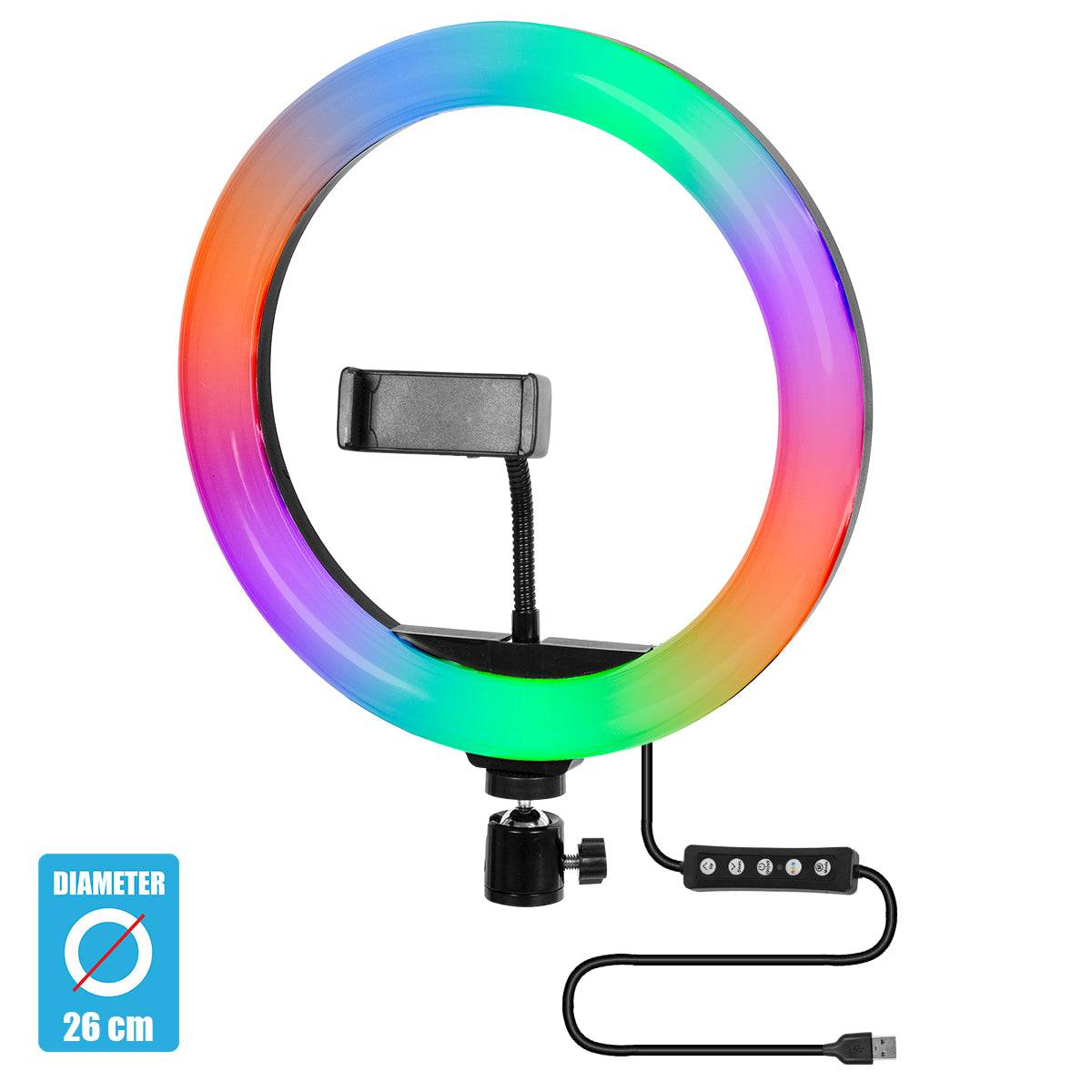GloboStar® 75801 Professional Digital Ring Light Φ26cm LED SMD 30W 3000lm 180° DC 5V με Καλώδιο Τροφοδοσίας USB - Ενσωματωμένο Χειριστήριο Εναλλαγής Χρωμάτων & 1 Βάση Τηλεφώνου - Πολύχρωμο RGBW+WW Dimmable - ledmania.gr