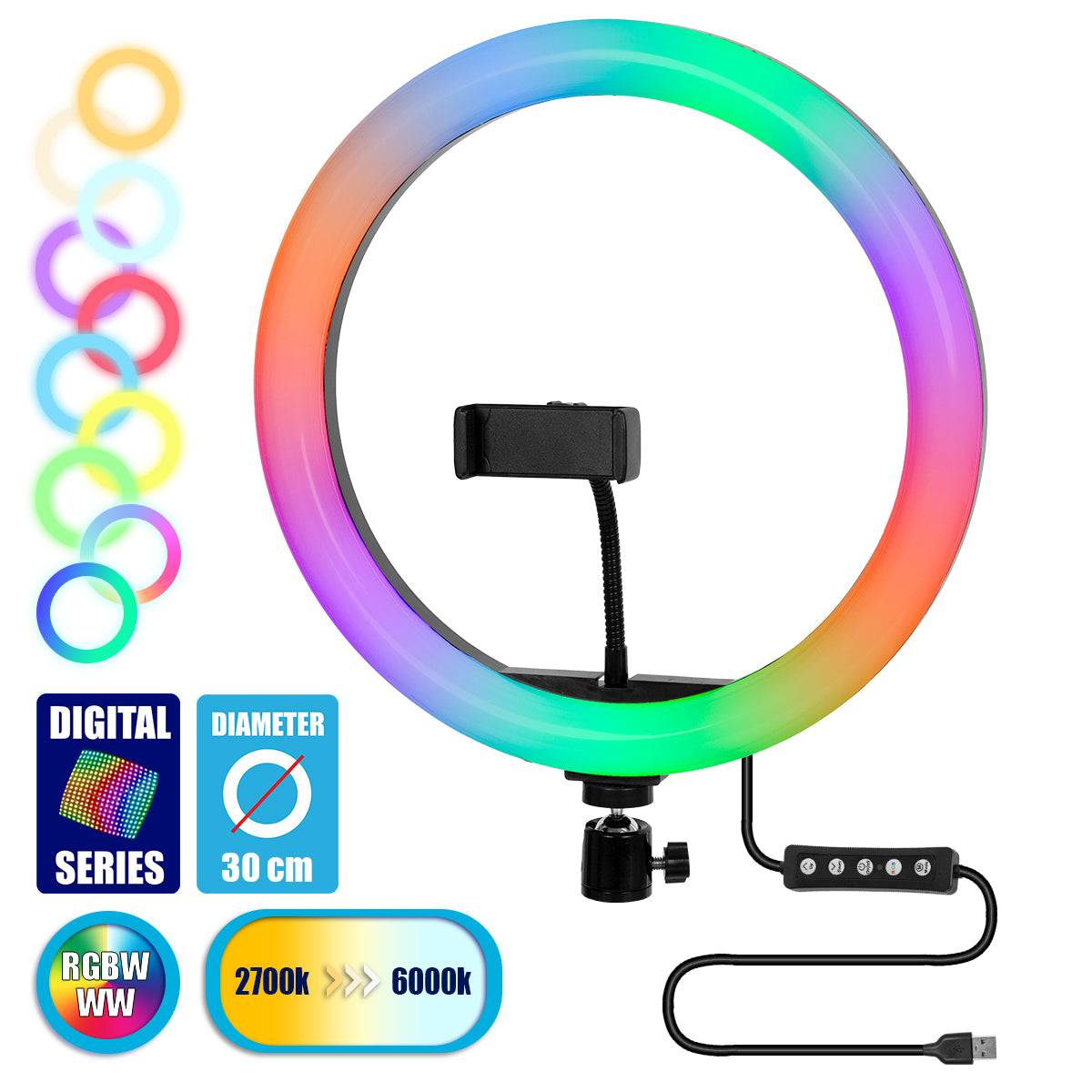 GloboStar® 75802 Professional Digital Ring Light Φ30cm LED SMD 40W 4000lm 180° DC 5V με Καλώδιο Τροφοδοσίας USB - Ενσωματωμένο Χειριστήριο Εναλλαγής Χρωμάτων & 1 Βάση Τηλεφώνου - Πολύχρωμο RGBW+WW Dimmable - ledmania.gr