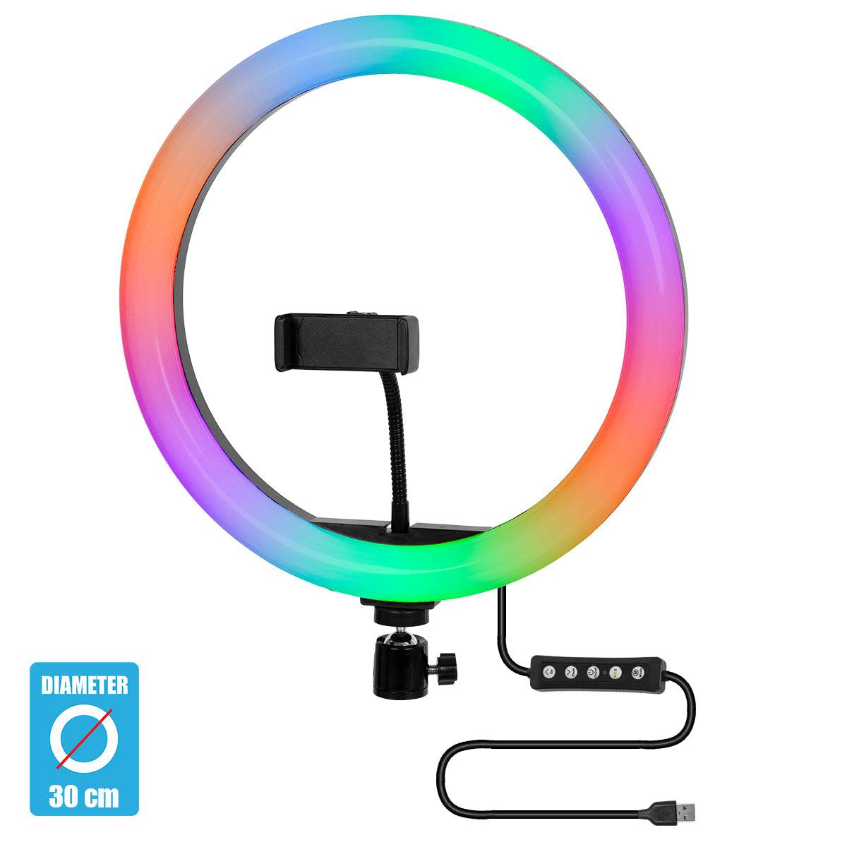 GloboStar® 75802 Professional Digital Ring Light Φ30cm LED SMD 40W 4000lm 180° DC 5V με Καλώδιο Τροφοδοσίας USB - Ενσωματωμένο Χειριστήριο Εναλλαγής Χρωμάτων & 1 Βάση Τηλεφώνου - Πολύχρωμο RGBW+WW Dimmable - ledmania.gr