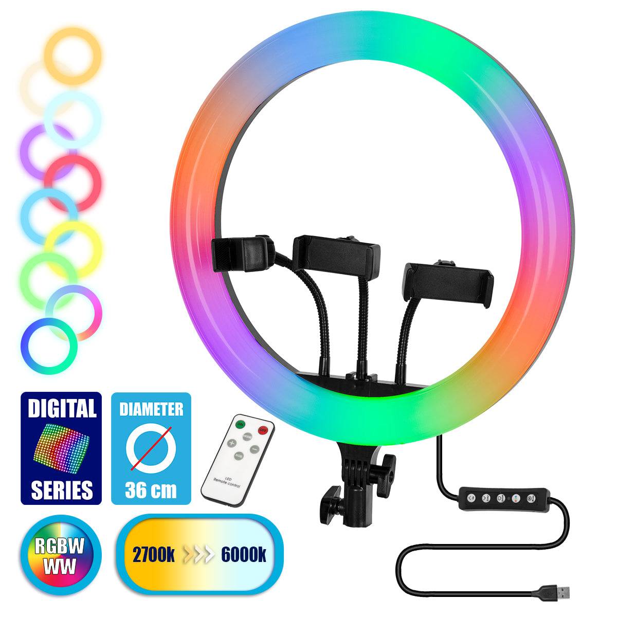 GloboStar® 75803 Professional Digital Ring Light Φ36cm LED SMD 50W 5000lm 180° DC 5V με Καλώδιο Τροφοδοσίας USB - Ενσωματωμένο και Ασύρματο Χειριστήριο RF 2.4Ghz Εναλλαγής Χρωμάτων & 3 Βάσεις Τηλεφώνου - Πολύχρωμο RGBW+WW Dimmable - ledmania.gr