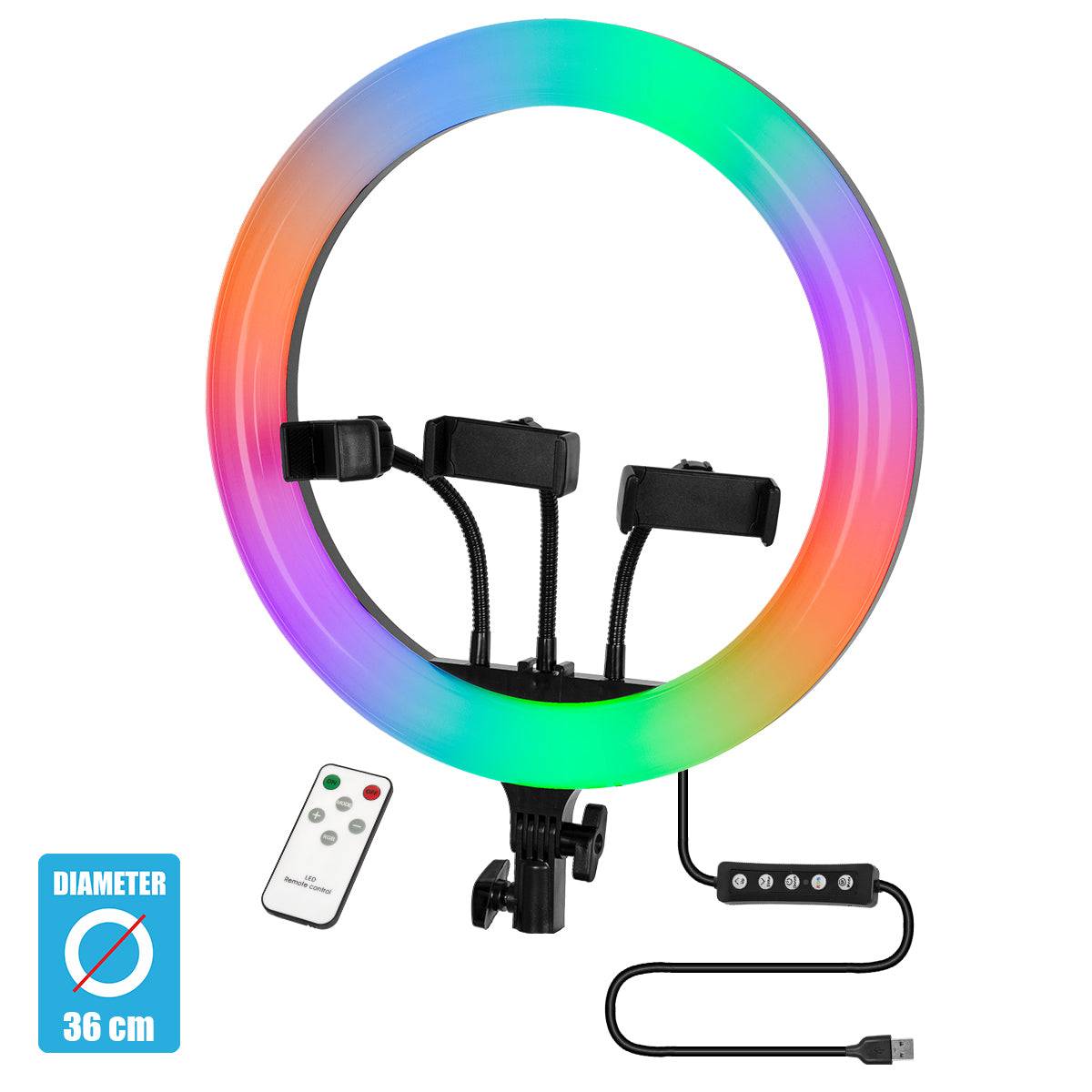 GloboStar® 75803 Professional Digital Ring Light Φ36cm LED SMD 50W 5000lm 180° DC 5V με Καλώδιο Τροφοδοσίας USB - Ενσωματωμένο και Ασύρματο Χειριστήριο RF 2.4Ghz Εναλλαγής Χρωμάτων & 3 Βάσεις Τηλεφώνου - Πολύχρωμο RGBW+WW Dimmable - ledmania.gr