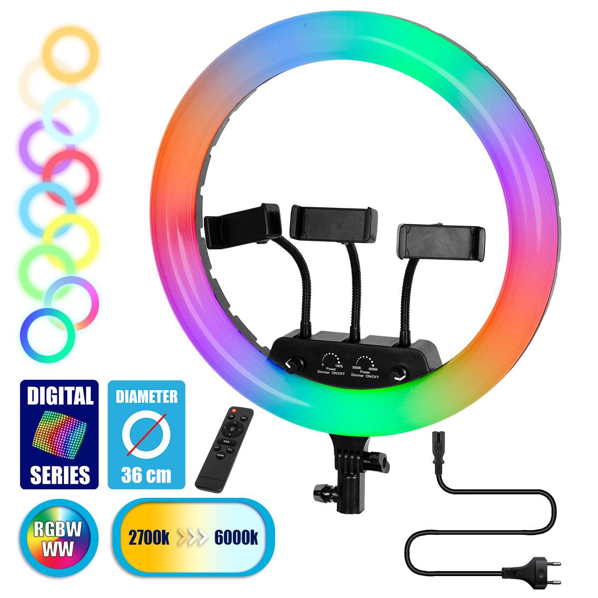 GloboStar® 75804 Professional Digital Ring Light Φ36cm LED SMD 50W 5000lm 180° AC 230V με Καλώδιο Τροφοδοσίας Πρίζας - Ασύρματο Χειριστήριο RF 2.4Ghz Εναλλαγής Χρωμάτων & 3 Βάσεις Τηλεφώνου - Πολύχρωμο RGBW+WW Dimmable - ledmania.gr