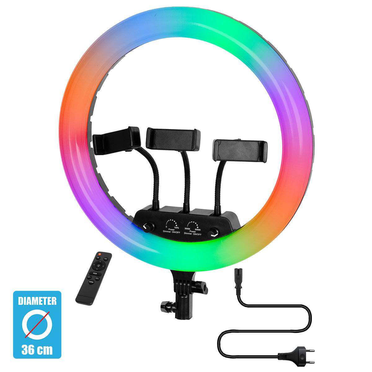 GloboStar® 75804 Professional Digital Ring Light Φ36cm LED SMD 50W 5000lm 180° AC 230V με Καλώδιο Τροφοδοσίας Πρίζας - Ασύρματο Χειριστήριο RF 2.4Ghz Εναλλαγής Χρωμάτων & 3 Βάσεις Τηλεφώνου - Πολύχρωμο RGBW+WW Dimmable - ledmania.gr