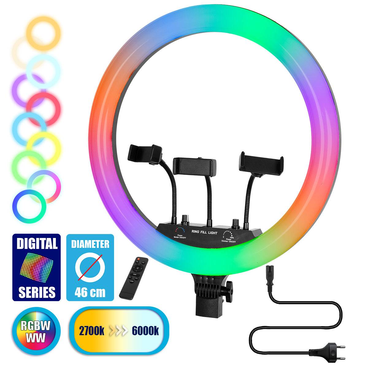 GloboStar® 75805 Professional Digital Ring Light Φ46cm LED SMD 70W 7000lm 180° AC 230V με Καλώδιο Τροφοδοσίας Πρίζας - Ασύρματο Χειριστήριο RF 2.4Ghz Εναλλαγής Χρωμάτων & 3 Βάσεις Τηλεφώνου - Πολύχρωμο RGBW+WW Dimmable - ledmania.gr
