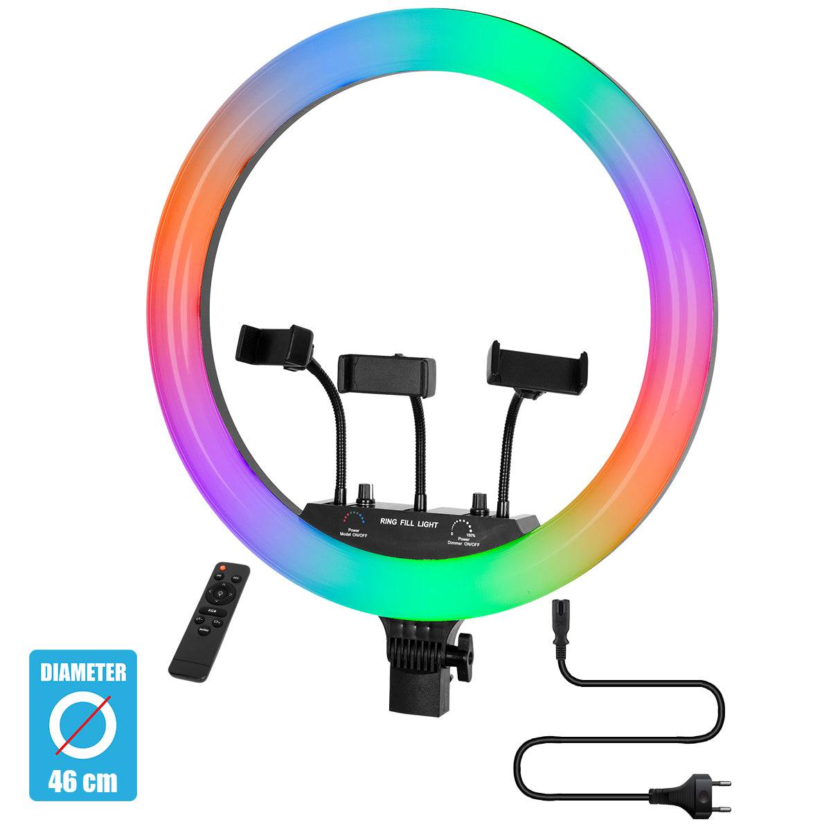 GloboStar® 75805 Professional Digital Ring Light Φ46cm LED SMD 70W 7000lm 180° AC 230V με Καλώδιο Τροφοδοσίας Πρίζας - Ασύρματο Χειριστήριο RF 2.4Ghz Εναλλαγής Χρωμάτων & 3 Βάσεις Τηλεφώνου - Πολύχρωμο RGBW+WW Dimmable - ledmania.gr
