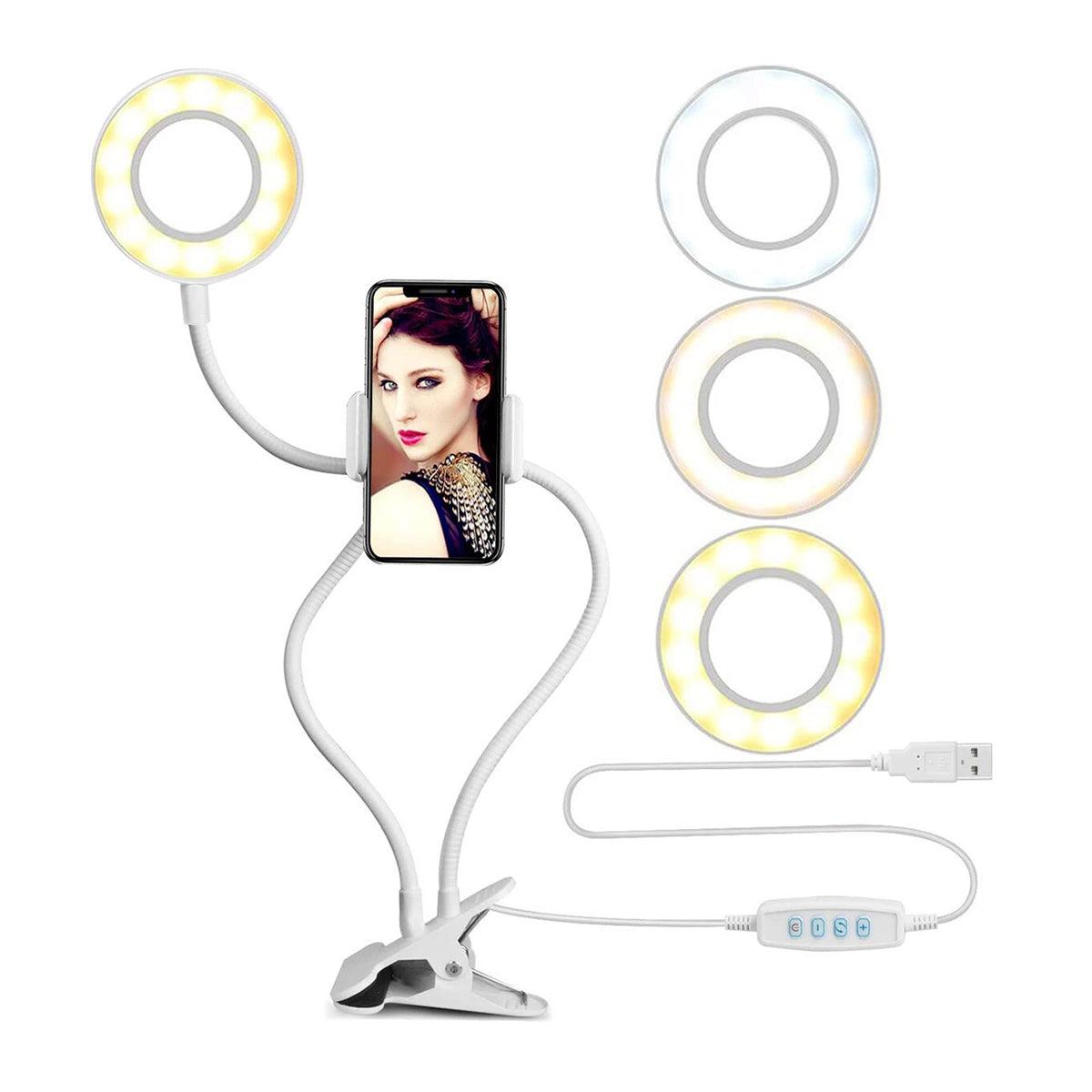 GloboStar® 75808 Professional Digital Ring Light Φ9cm LED SMD 10W 1000lm 180° DC 5V με Καλώδιο Τροφοδοσίας USB - Ενσωματωμένο Χειριστήριο Εναλλαγής Χρωμάτων & 1 Βάση Τηλεφώνου - CCT Θερμό Λευκό 3000K - Φυσικό Λευκό 4500K - Ψυχρό Λευκό 6000K Dimmable Λευκό - ledmania.gr