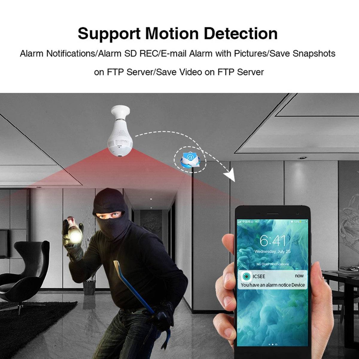 GloboStar® 76073 WIFI 2.4G IP CAMERA 2.0MP 1080P - Έξυπνη Κρυφή IP Κάμερα WiFi 1080P Fish Eye 360° 3W LED σε Σχήμα Λάμπας με Ντουί και Βάση E27 Smart Home - ledmania.gr