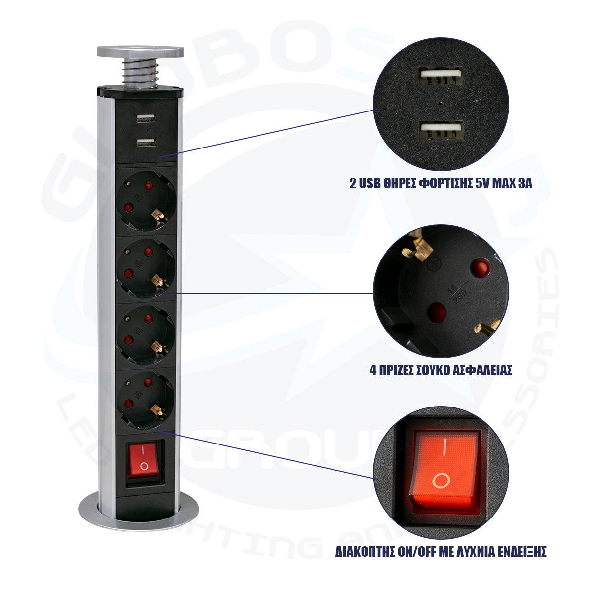 GloboStar® 79631 Χωνευτό Πτυσσόμενο Πολύμπριζο με 4 Πρίζες Ασφαλείας EU Σούκο AC 230V Max 4000W & 2 Εξόδους USB DC 5V Max 3A 18W & Ενσωματωμένο Διακόπτη Οn/Off - ledmania.gr
