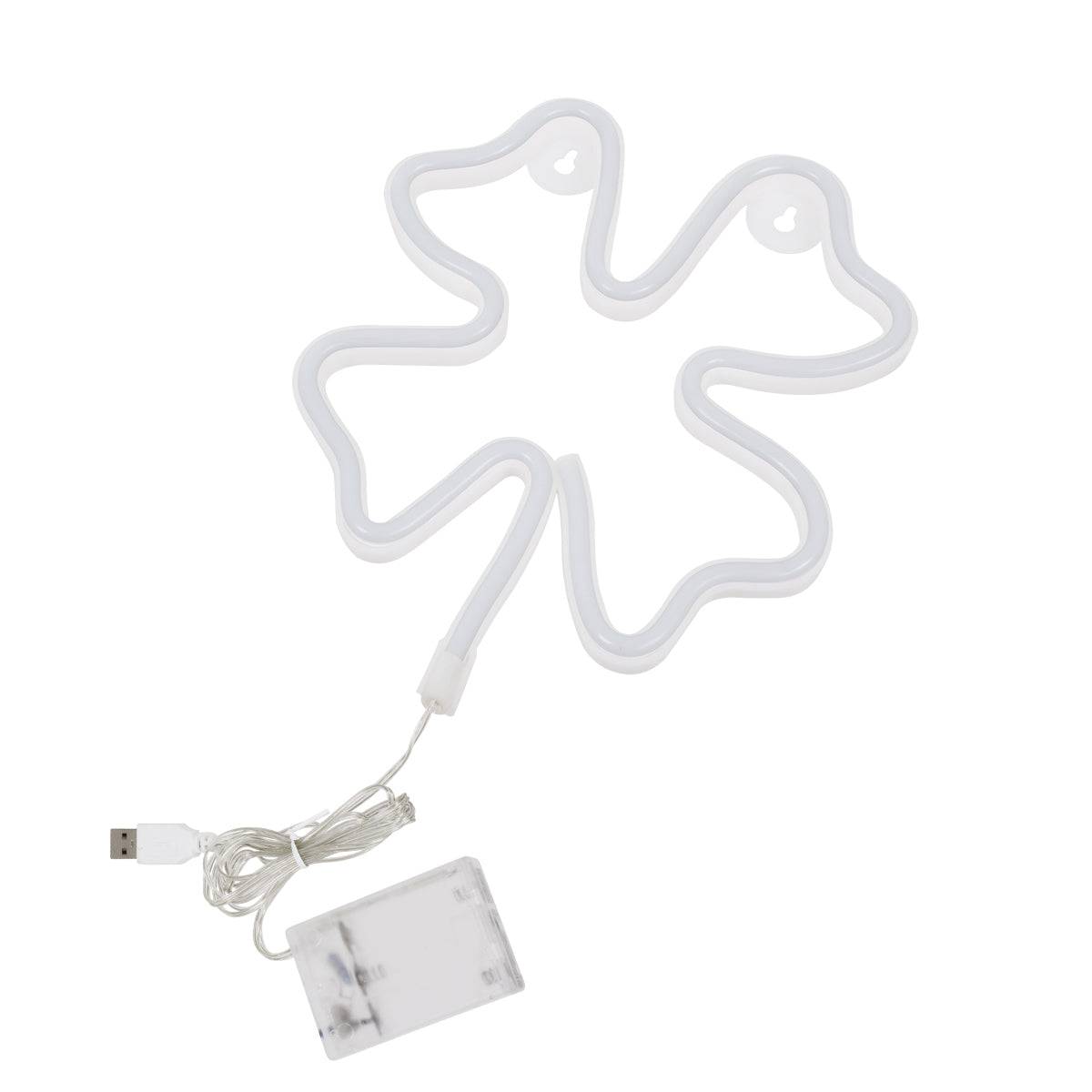GloboStar® 78572 Φωτιστικό Ταμπέλα Φωτεινή Επιγραφή NEON LED Σήμανσης FOUR LEAF CLOVER 5W με Καλώδιο Τροφοδοσίας USB - Μπαταρίας 3xAAA (Δεν Περιλαμβάνονται) - Πράσινο - ledmania.gr