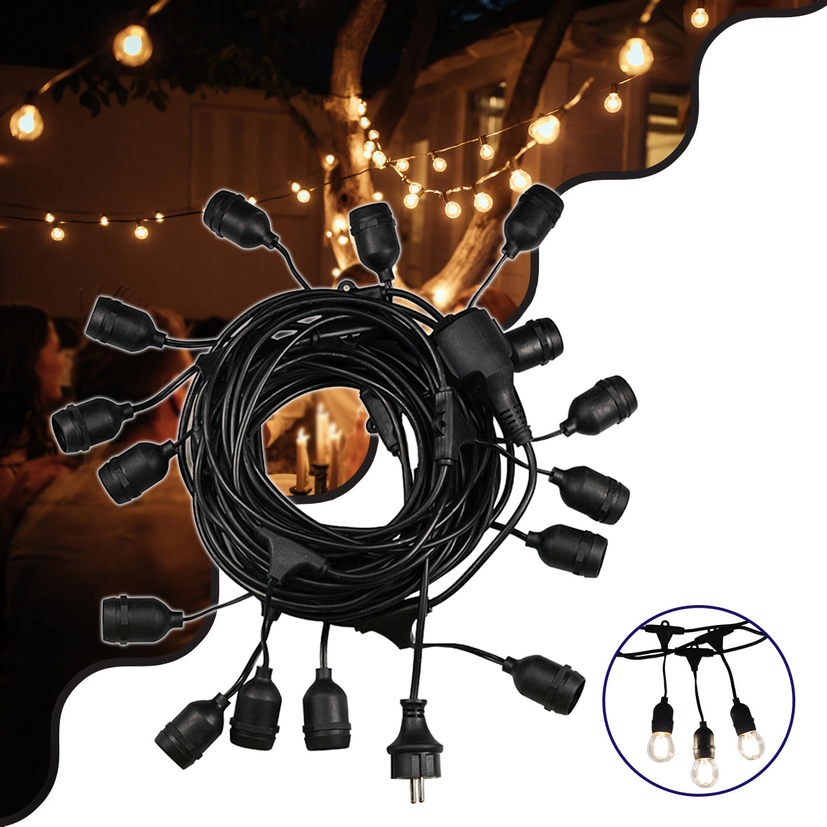 GloboStar® 78982 Καλωδιογιρλάντα PVC 5 Μέτρων με 15 Ντουί E27 με Πρίζα Schuko Επεκτεινόμενη Αδιάβροχη IP65 - ledmania.gr