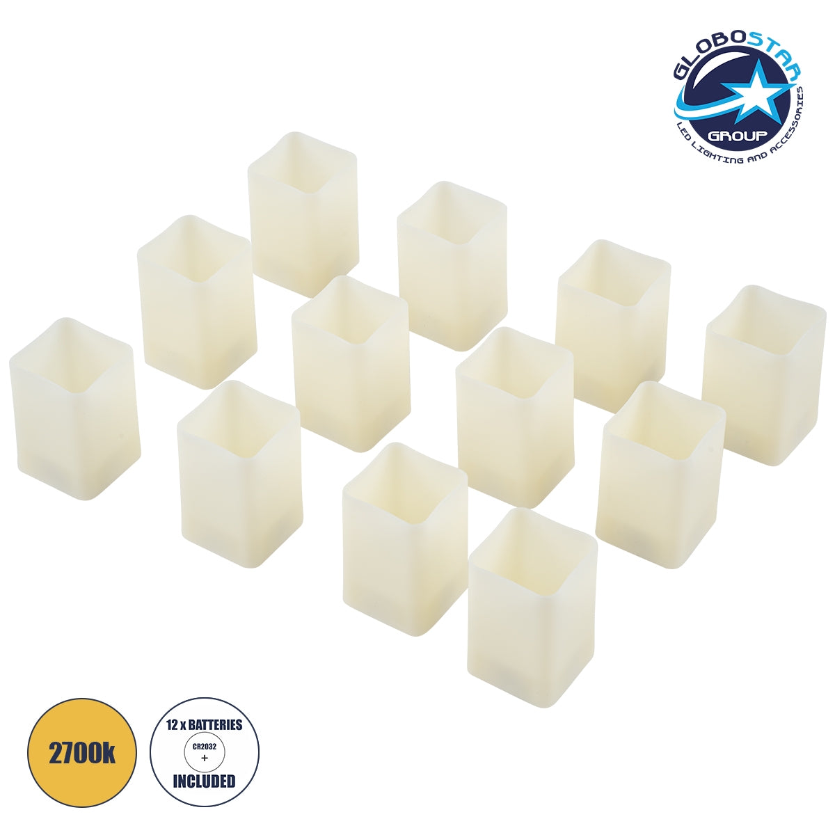 GloboStar® CANDLE 79539 ΣΕΤ 12 x Διακοσμητικά Realistic Κεράκια με LED Εφέ Κινούμενης Φλόγας - Μπαταρίας 12 x CR2032 Θερμό Λευκό 2700K Μπεζ L3.7 x W3.7 x H5.5cm - ledmania.gr