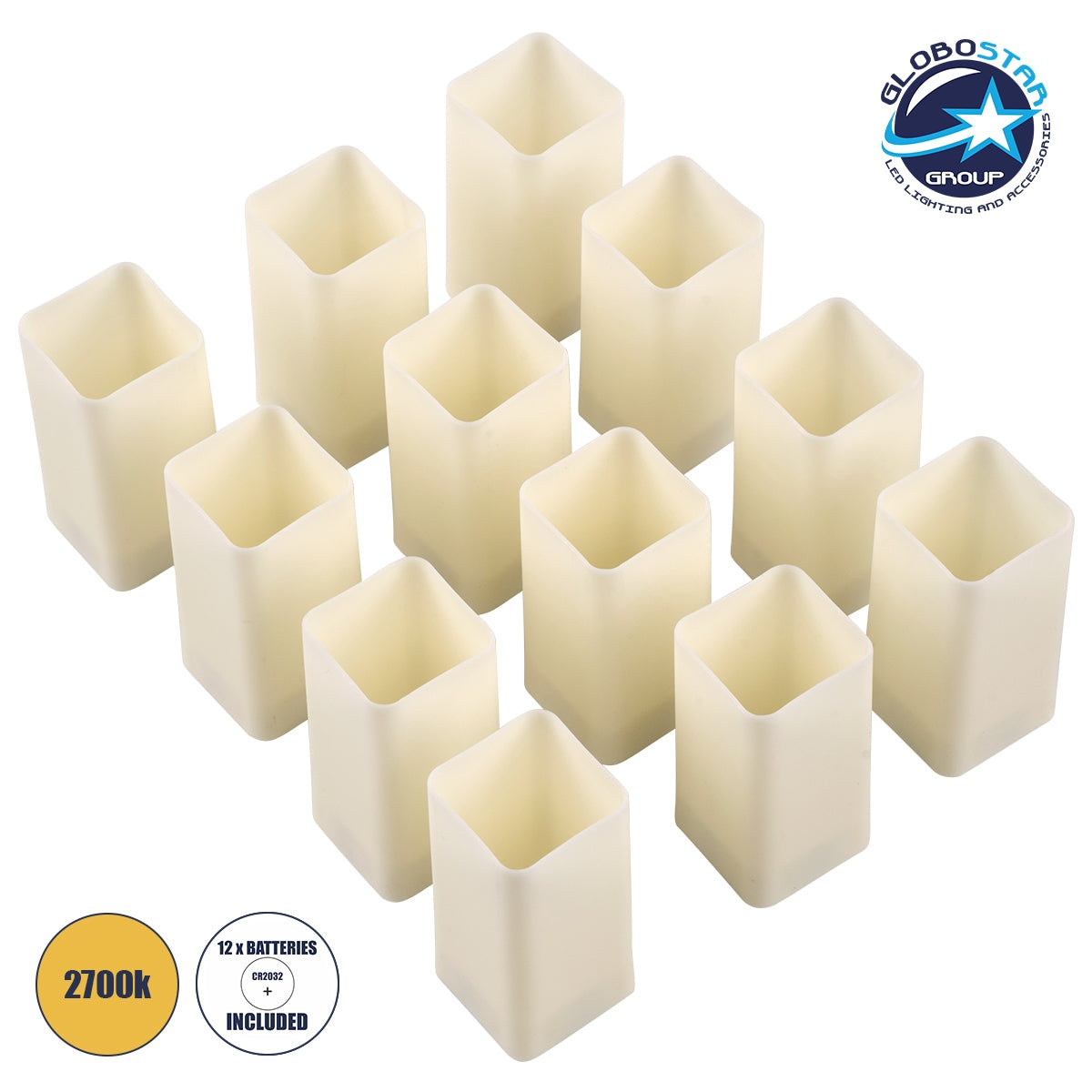 GloboStar® CANDLE 79540 ΣΕΤ 12 x Διακοσμητικά Realistic Κεράκια με LED Εφέ Κινούμενης Φλόγας - Μπαταρίας 12 x CR2032 Θερμό Λευκό 2700K Μπεζ L3.7 x W3.7 x H7.5cm - ledmania.gr