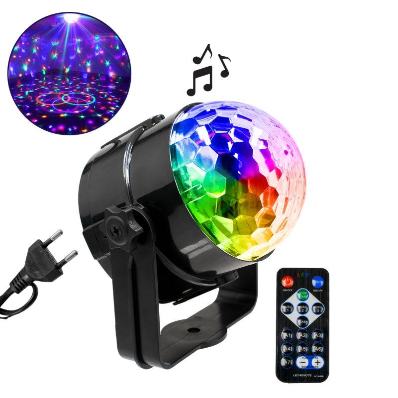 GloboStar® 79601-1 LED Party Disco Μπάλα με Περιστρεφόμενα Φωτορυθμικά Εφέ Πολύχρωμη RGB 15W με Sound Control Activated Εφέ και με Ασύρματο Χειριστήριο AC 230V IP20 Μ11 x Π8.6 x Υ13cm - ledmania.gr