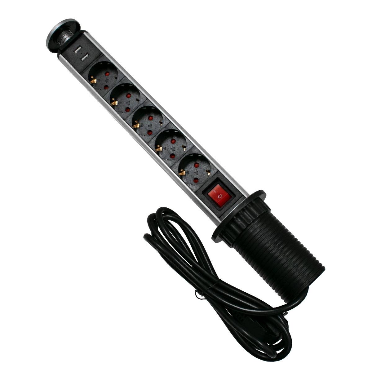 GloboStar® 79632 Χωνευτό Πτυσσόμενο Πολύμπριζο με 5 Πρίζες Ασφαλείας EU Σούκο AC 230V Max 5000W & 2 Εξόδους USB DC 5V Max 3A 18W & Ενσωματωμένο Διακόπτη Οn/Off - ledmania.gr
