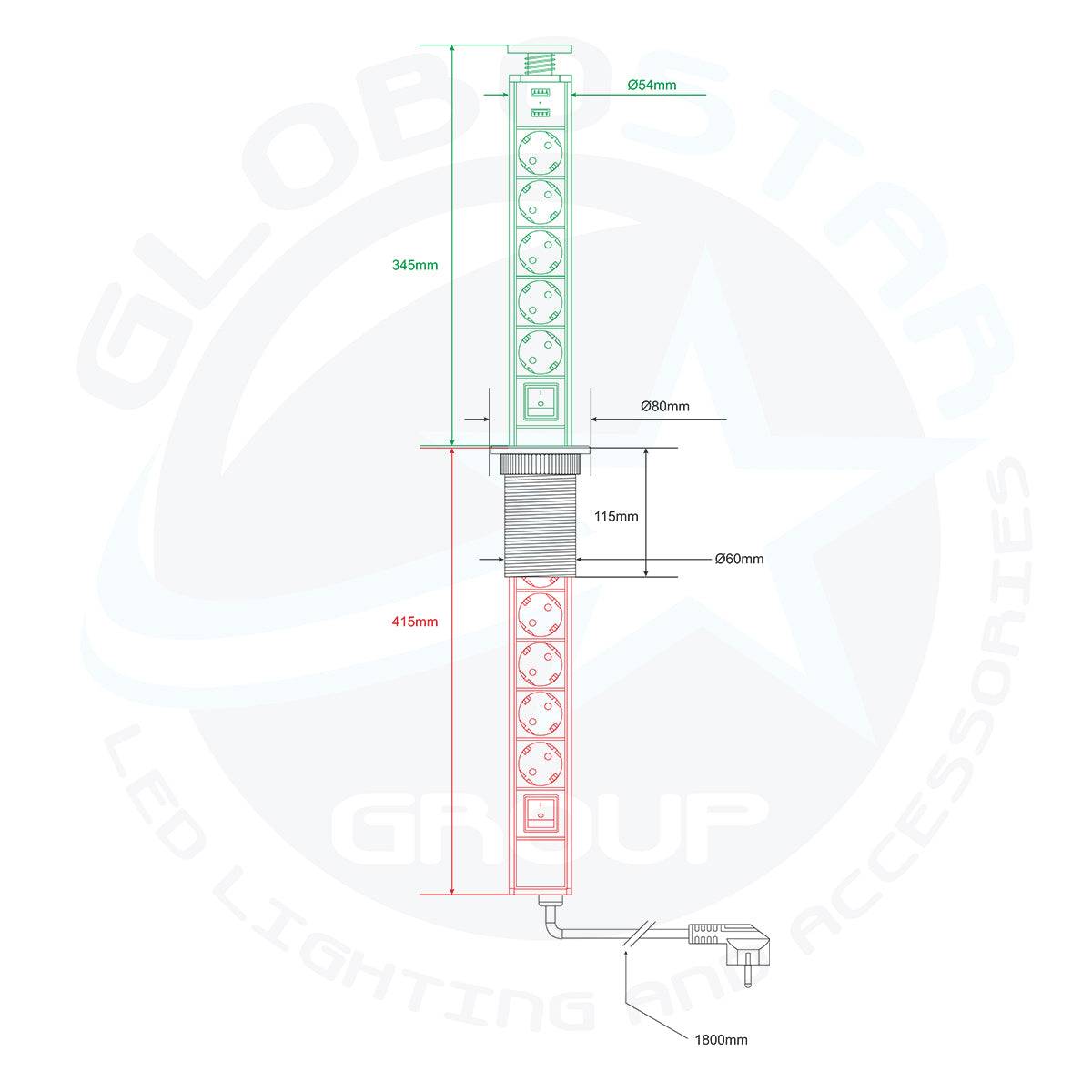 GloboStar® 79632 Χωνευτό Πτυσσόμενο Πολύμπριζο με 5 Πρίζες Ασφαλείας EU Σούκο AC 230V Max 5000W & 2 Εξόδους USB DC 5V Max 3A 18W & Ενσωματωμένο Διακόπτη Οn/Off - ledmania.gr