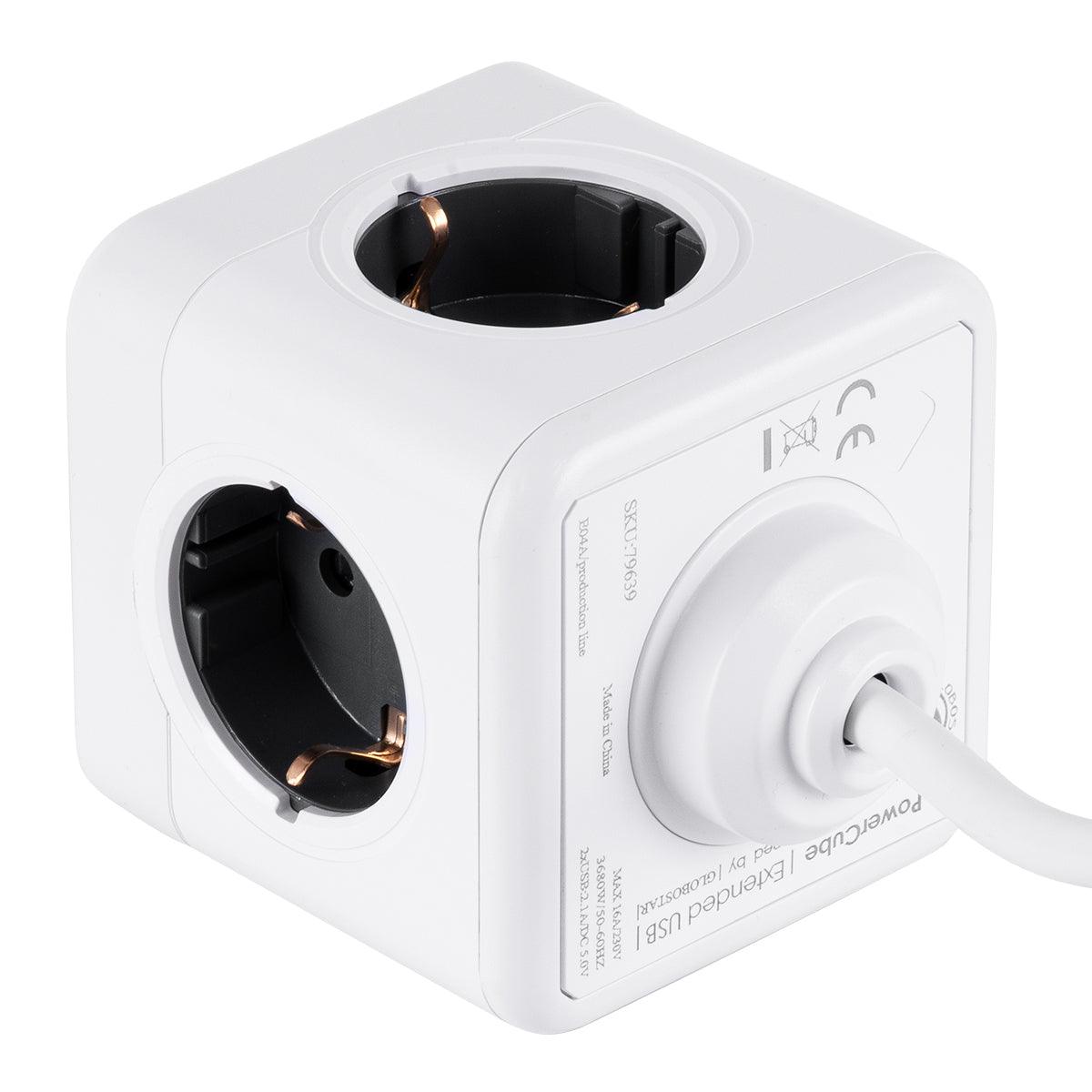 TRAVEL PowerCube PRO Certified 79639 Πολύπριζο 6 Θέσεων με 1.5m Kαλώδιο - 4 Πρίζες Ασφαλείας Childproof EU Schuko AC 220-240V & 2 Πρίζες USB Max 2.1A/DC 5V Μ7.5 x Π7.5 x Υ7.5 - Λευκό με Γκρι - Max Load 3680W/16A - ledmania.gr