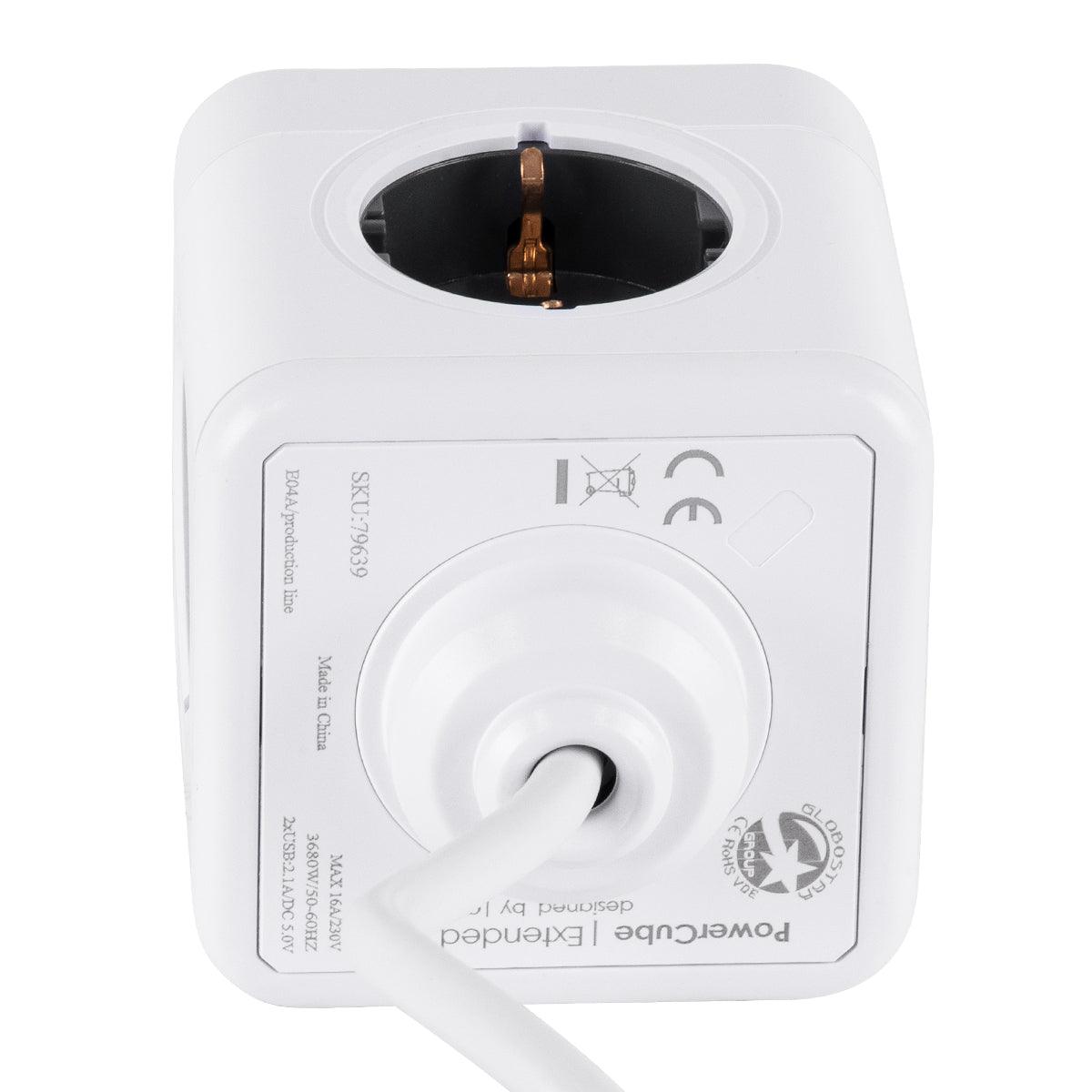 TRAVEL PowerCube PRO Certified 79639 Πολύπριζο 6 Θέσεων με 1.5m Kαλώδιο - 4 Πρίζες Ασφαλείας Childproof EU Schuko AC 220-240V & 2 Πρίζες USB Max 2.1A/DC 5V Μ7.5 x Π7.5 x Υ7.5 - Λευκό με Γκρι - Max Load 3680W/16A - ledmania.gr