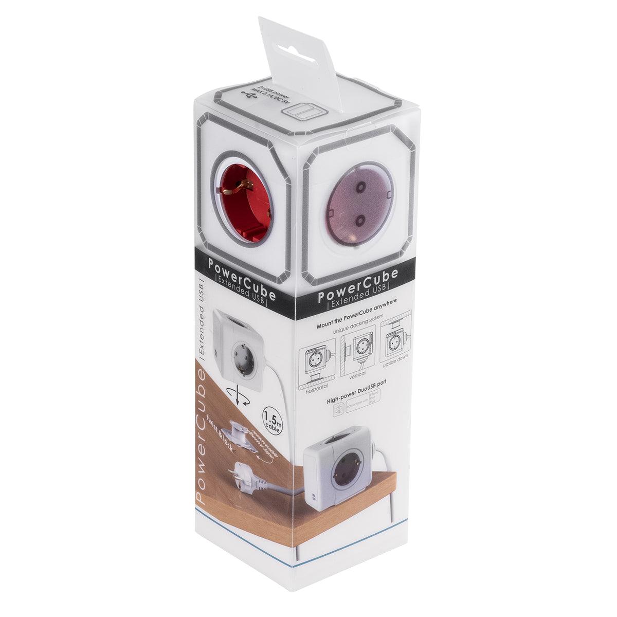 GloboStar® TRAVEL PowerCube PRO Certified 79642 Πολύπριζο 6 Θέσεων με 1.5m Kαλώδιο - 4 Πρίζες Ασφαλείας Childproof EU Schuko AC 220-240V & 2 Πρίζες USB Max 2.1A/DC 5V Μ7.5 x Π7.5 x Υ7.5 - Λευκό με Κόκκινο - Max Load 3680W/16A - ledmania.gr