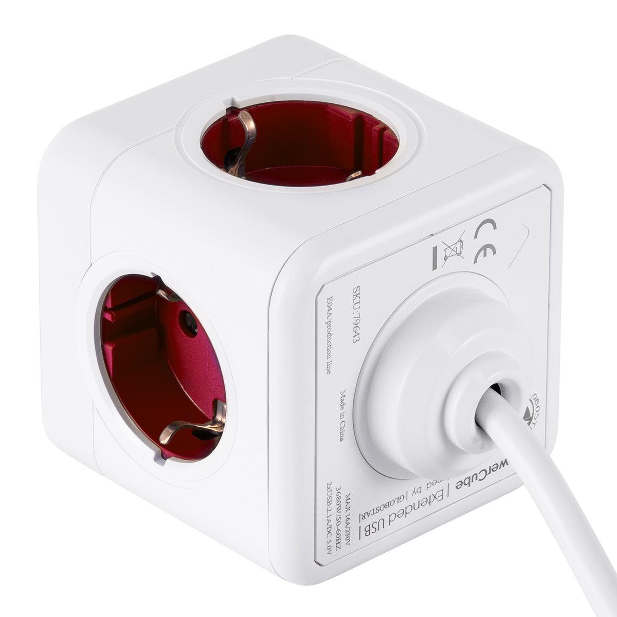 GloboStar® TRAVEL PowerCube PRO Certified 79642 Πολύπριζο 6 Θέσεων με 1.5m Kαλώδιο - 4 Πρίζες Ασφαλείας Childproof EU Schuko AC 220-240V & 2 Πρίζες USB Max 2.1A/DC 5V Μ7.5 x Π7.5 x Υ7.5 - Λευκό με Κόκκινο - Max Load 3680W/16A - ledmania.gr