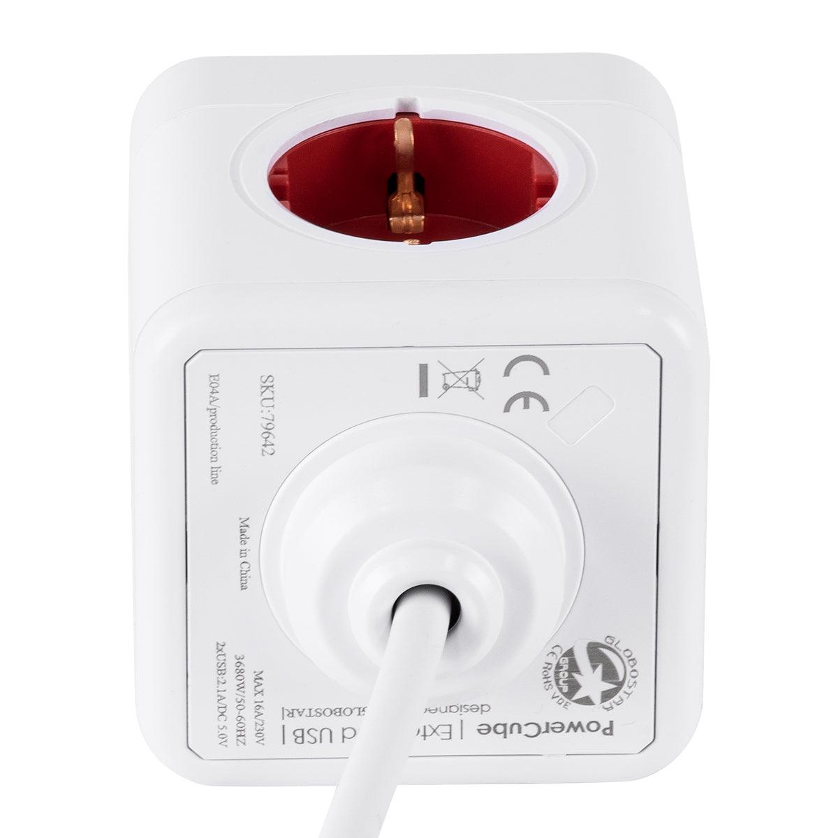 GloboStar® TRAVEL PowerCube PRO Certified 79642 Πολύπριζο 6 Θέσεων με 1.5m Kαλώδιο - 4 Πρίζες Ασφαλείας Childproof EU Schuko AC 220-240V & 2 Πρίζες USB Max 2.1A/DC 5V Μ7.5 x Π7.5 x Υ7.5 - Λευκό με Κόκκινο - Max Load 3680W/16A - ledmania.gr
