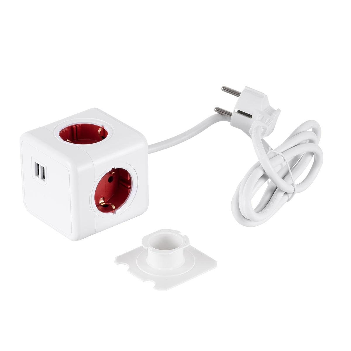 GloboStar® TRAVEL PowerCube PRO Certified 79642 Πολύπριζο 6 Θέσεων με 1.5m Kαλώδιο - 4 Πρίζες Ασφαλείας Childproof EU Schuko AC 220-240V & 2 Πρίζες USB Max 2.1A/DC 5V Μ7.5 x Π7.5 x Υ7.5 - Λευκό με Κόκκινο - Max Load 3680W/16A - ledmania.gr