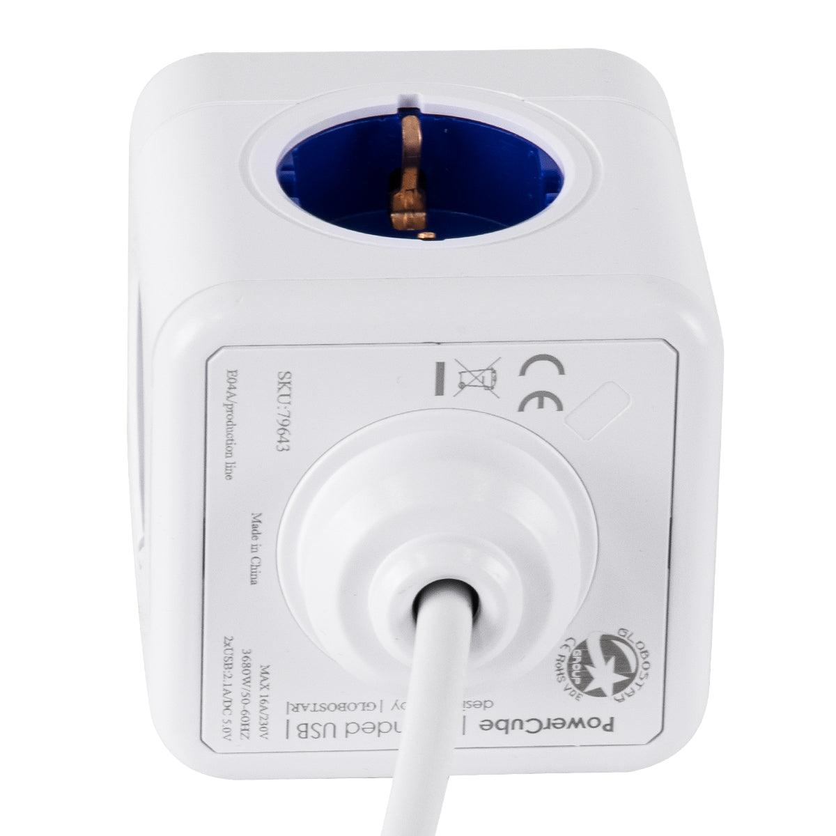 TRAVEL PowerCube PRO Certified 79643 Πολύπριζο 6 Θέσεων με 1.5m Kαλώδιο - 4 Πρίζες Ασφαλείας Childproof EU Schuko AC 220-240V & 2 Πρίζες USB Max 2.1A/DC 5V Μ7.5 x Π7.5 x Υ7.5 - Λευκό με Μπλε - Max Load 3680W/16A - ledmania.gr