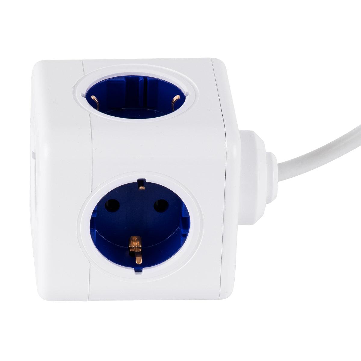 GloboStar® TRAVEL PowerCube PRO Certified 79646 Πολύπριζο 5 Θέσεων με 1.5m Kαλώδιο - 5 Πρίζες Ασφαλείας Childproof EU Schuko AC 220-240V Μ7.5 x Π11.5 x Υ7.5 - Λευκό με Μπλε - Max Load 3680W/16A - ledmania.gr