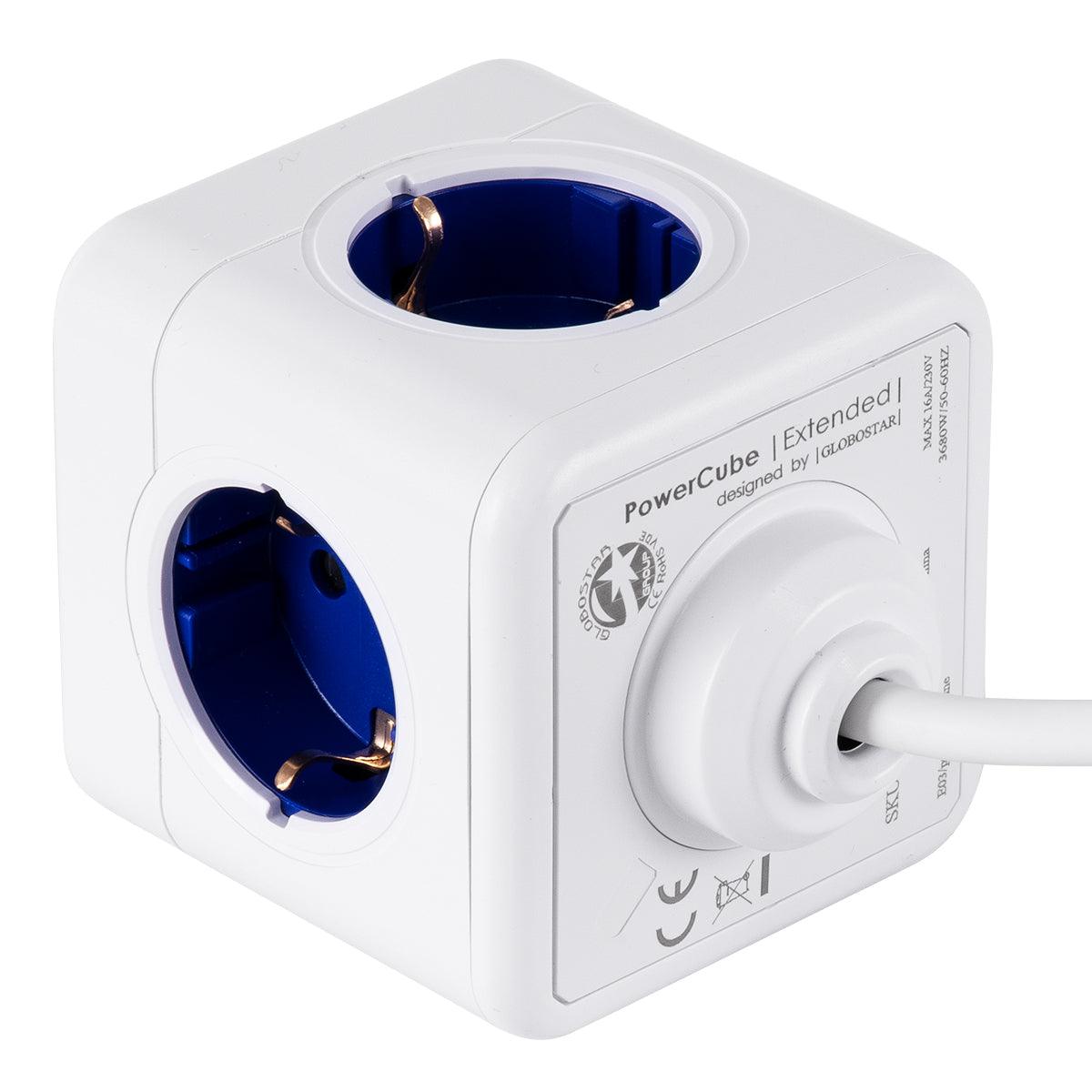 GloboStar® TRAVEL PowerCube PRO Certified 79646 Πολύπριζο 5 Θέσεων με 1.5m Kαλώδιο - 5 Πρίζες Ασφαλείας Childproof EU Schuko AC 220-240V Μ7.5 x Π11.5 x Υ7.5 - Λευκό με Μπλε - Max Load 3680W/16A - ledmania.gr