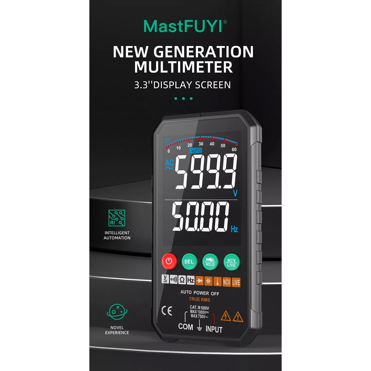 GloboStar® 79976 Ψηφιακό Φορητό Πολύμετρο Data Retantion True RMS Intelligent Automation AI Μπαταρίας 2 x AAA (Δεν Περιλαμβάνονται) με Οπίσθιο Φωτισμό Μετρητής Τάσης AC/DC - Θερμοκρασία - Αμπερόμετρο - Voltmeter - Καπασιτόμετρο - Ohm - Μαύρο - ledmania.gr