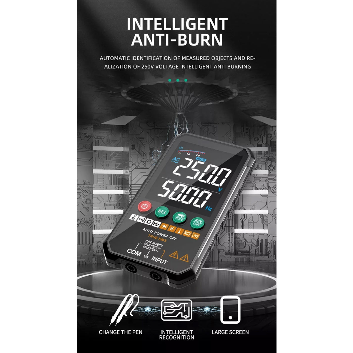 GloboStar® 79976 Ψηφιακό Φορητό Πολύμετρο Data Retantion True RMS Intelligent Automation AI Μπαταρίας 2 x AAA (Δεν Περιλαμβάνονται) με Οπίσθιο Φωτισμό Μετρητής Τάσης AC/DC - Θερμοκρασία - Αμπερόμετρο - Voltmeter - Καπασιτόμετρο - Ohm - Μαύρο - ledmania.gr